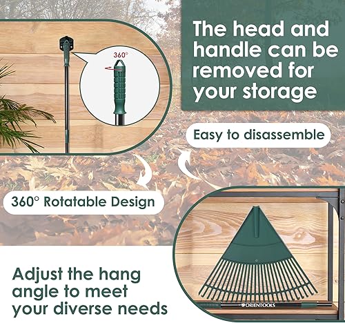 Miniatura 6 de ORIENTOOLS Rastrillo de hojas de jardín, rastrillo de jardín con tubo de acero extensible ajustable de 43 a 66 pulgadas, rastrillo ligero para