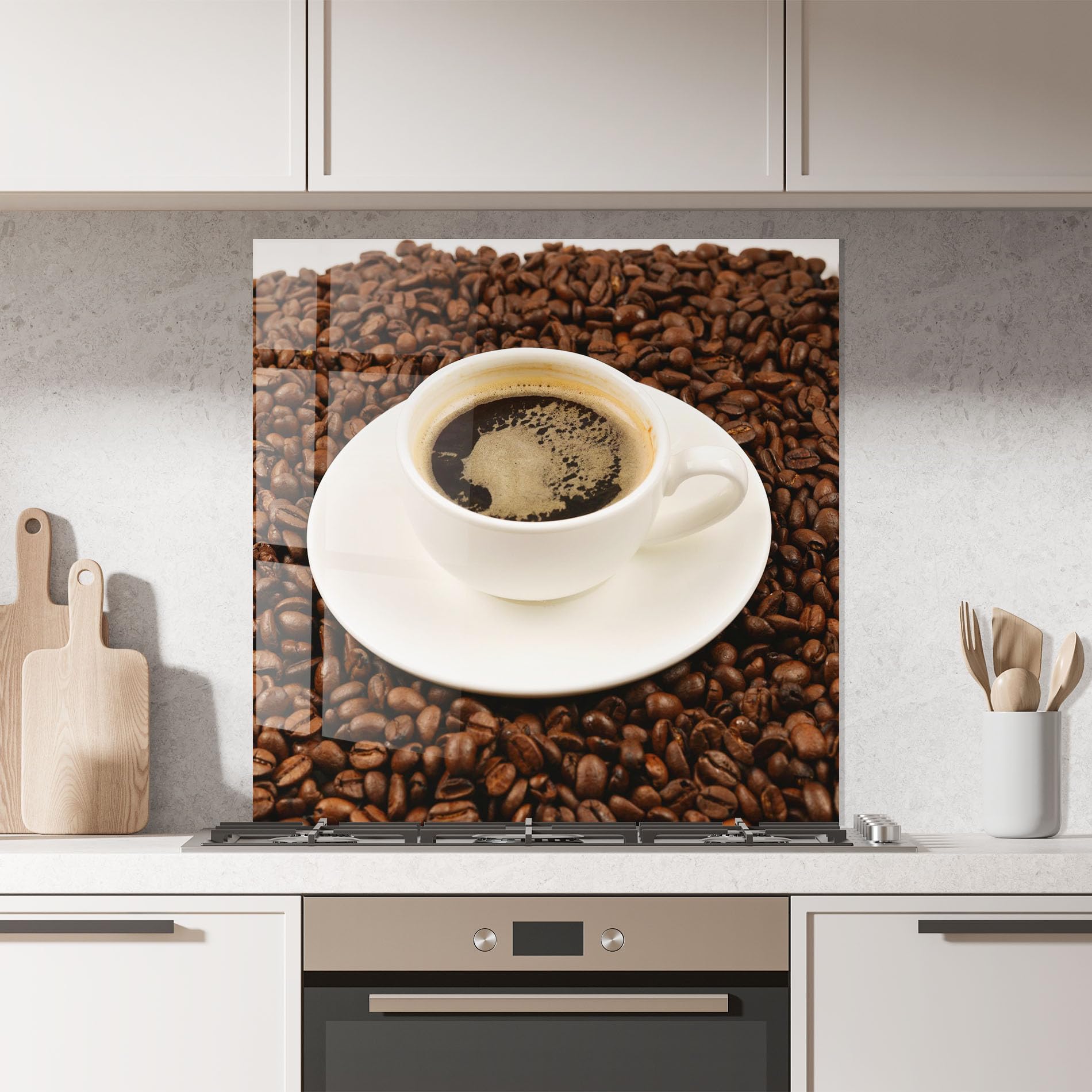 ARTHUB® Panel de Vidrio para Cocina 100x100 cm, 4mm Vidrio Templado | Protección contra Salpicaduras, Protección contra Salpicaduras para Cocina, Alimentos, Coffee Cup On Beans