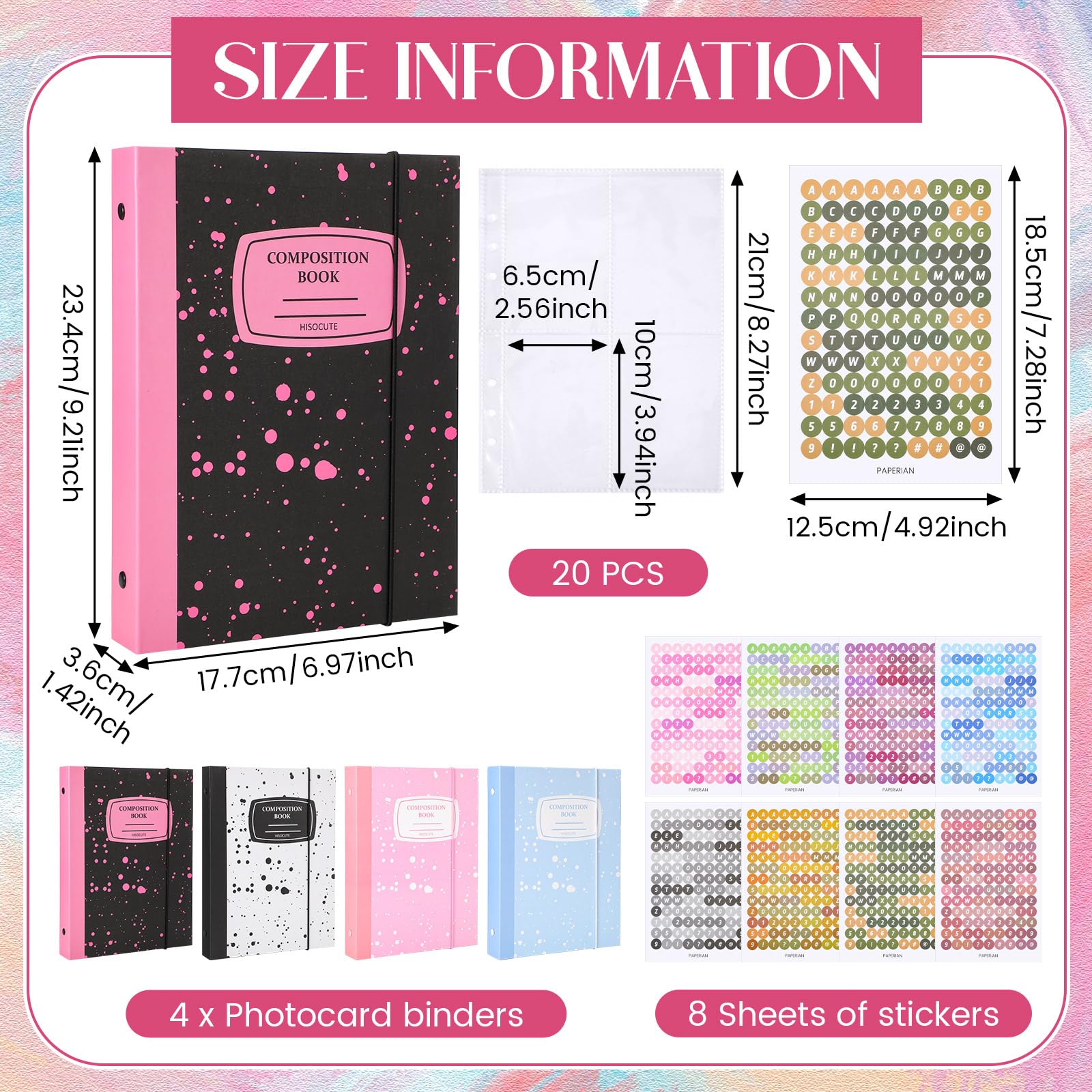 Honoson 4 raccoglitori per foto Kpop, formato A5, con 20 tasche e 160 tasche, 6 anelli interni di ricarica e adesivi, porta foto Kpop, per conservare foto e biglietti (motivo a spruzzi)