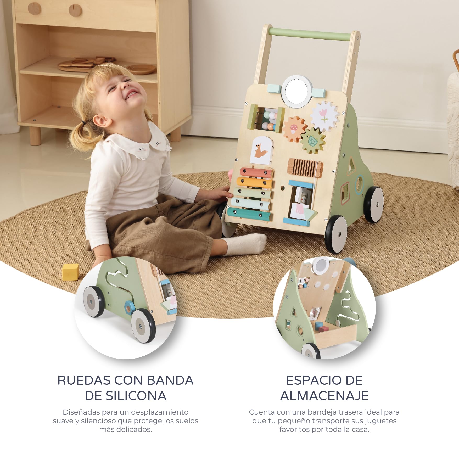 MS BabyWorld – Montessori Maxi – Andador de Madera para Bebé | Correpasillos con Juguetes y Actividades | Para Primeros Pasos | Desde +12 Meses