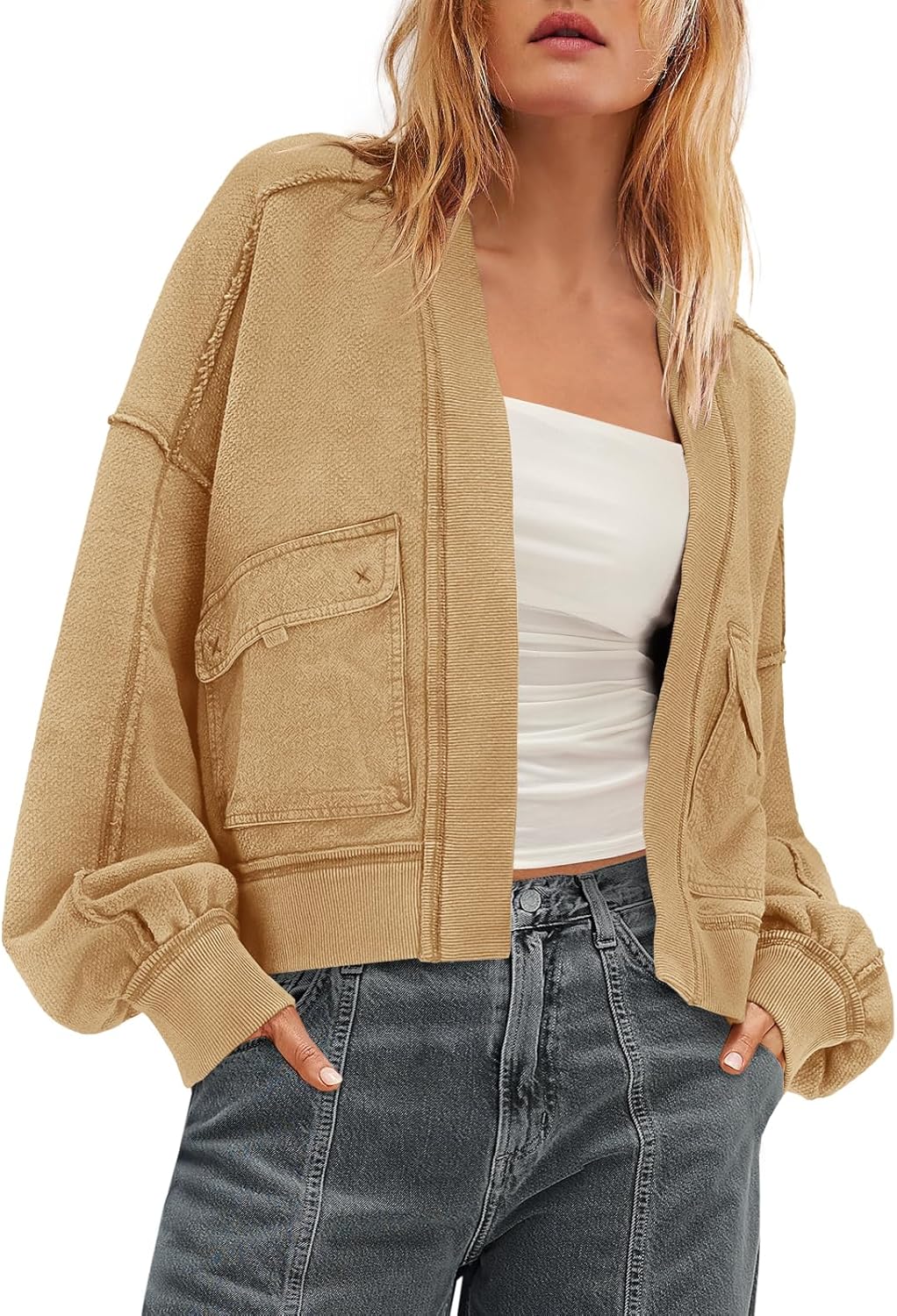 Nirovien Womens Sweatshirt Cardigan Open Front Oversized Sweatshirt Drop Shoulder Long Sleeve Jackets with Pockets