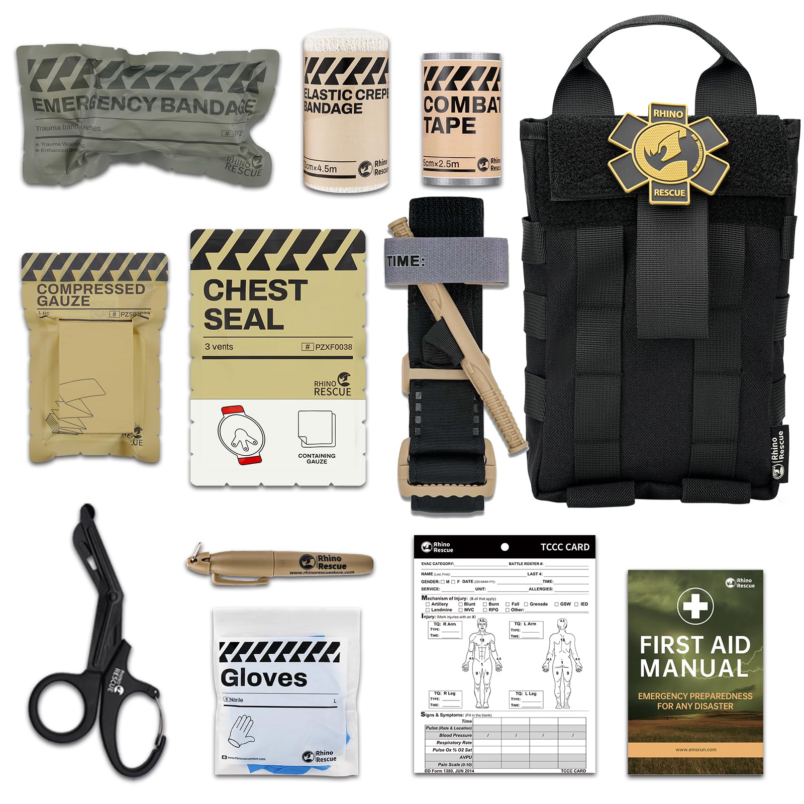 RHINO RESCUE Mini EHBO-kit, kleine waterdichte draagbare noodcamping-benodigdheden voor reizen, thuis, auto, studentenhuis, camping, wandelen (zwart