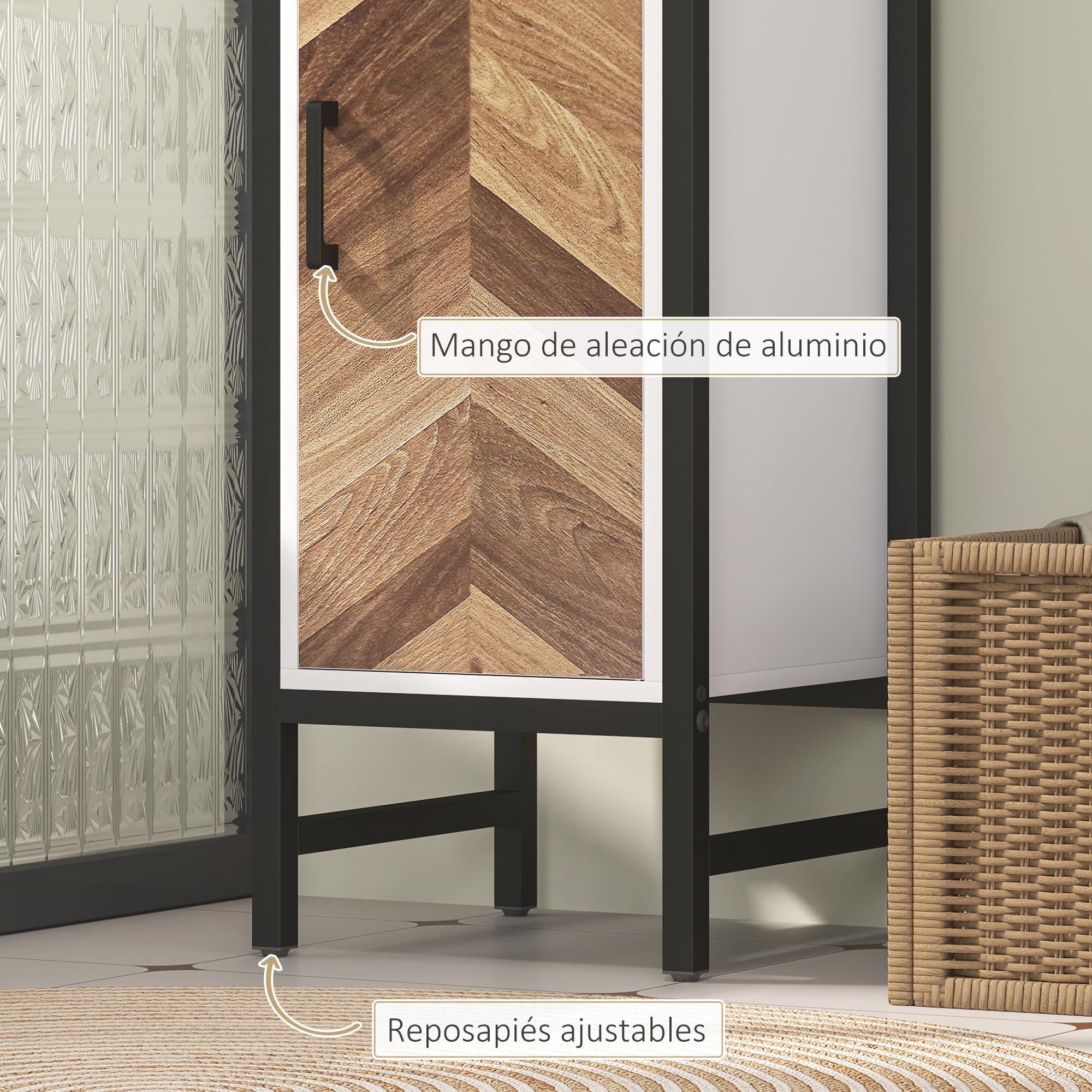 HOMCOM Armario Alto de Baño Columna Almacenaje 30x30x170 cm Blanco/Nogal | 3 Estantes Abiertos, 1 Puerta, Estante Ajustable, Mueble Auxiliar de Baño, Sistema Anti-vuelco
