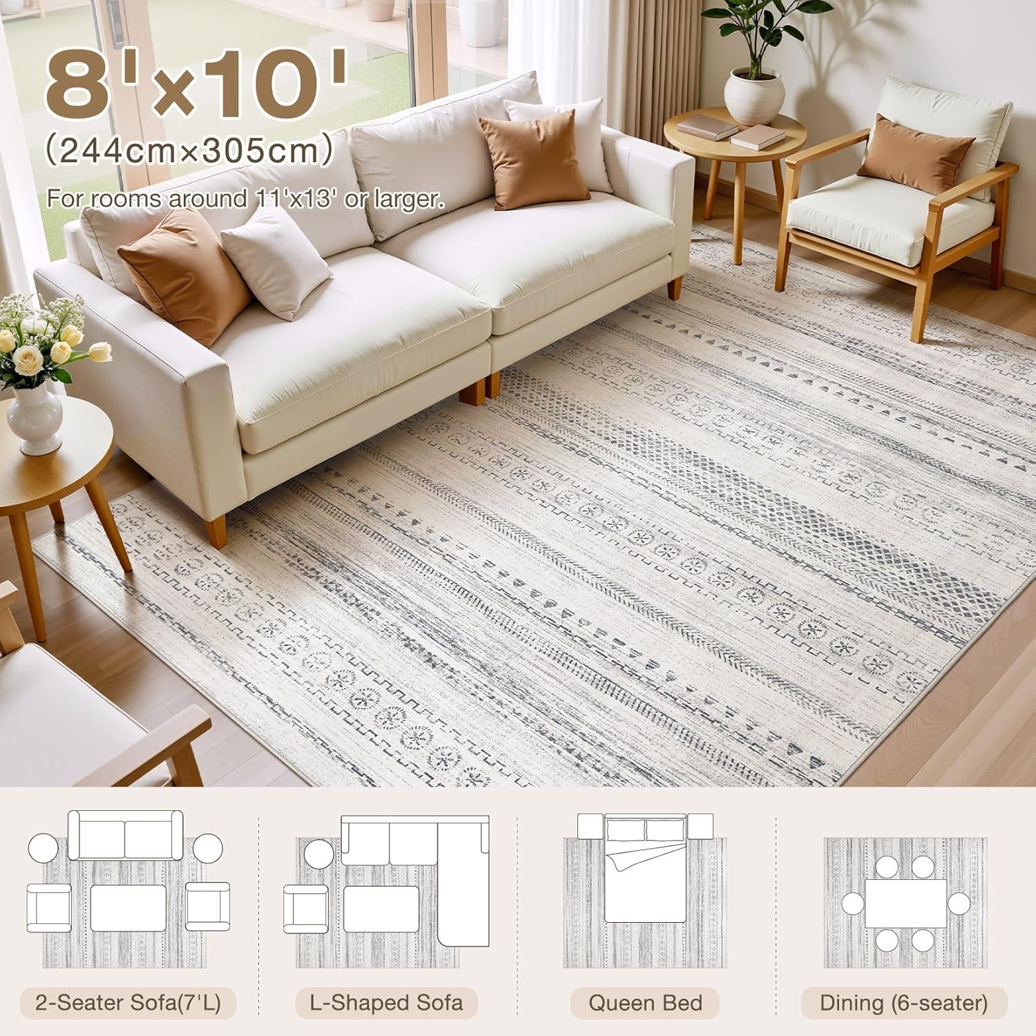 kakania 8x10 washable area rug: non slip soft thin carpet, boho geometric modern decor, easy clean indoor floor large rugs for living room bedroom kids dorm office dining - grey grey 8' x 10' (rectangular)