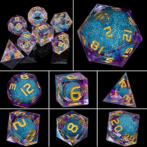 Miniatura 5 de ARUOHHA Juego de dados DND de núcleo líquido, 7 dados de resina con bordes afilados, dados poliédricos D y D morados con caja de regalo, juego de