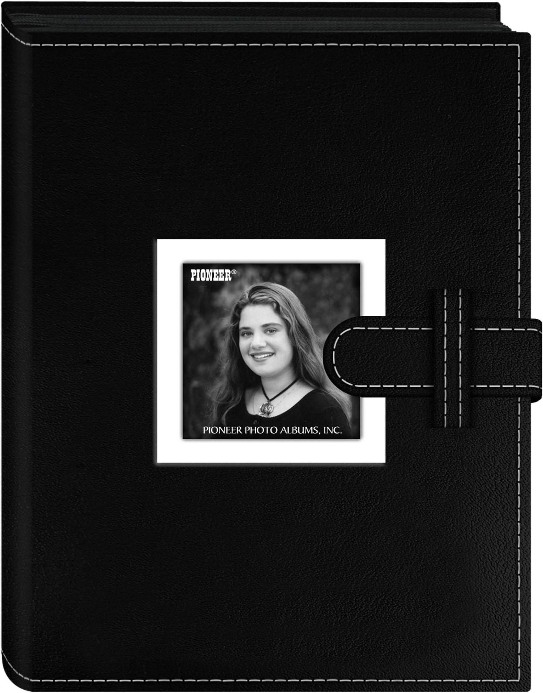 Pioneer Photo Albums 24 Pocket Sewn Leatherette Frame Cover Album with Strap Closure for 4 by 6-Inch Prints, Black