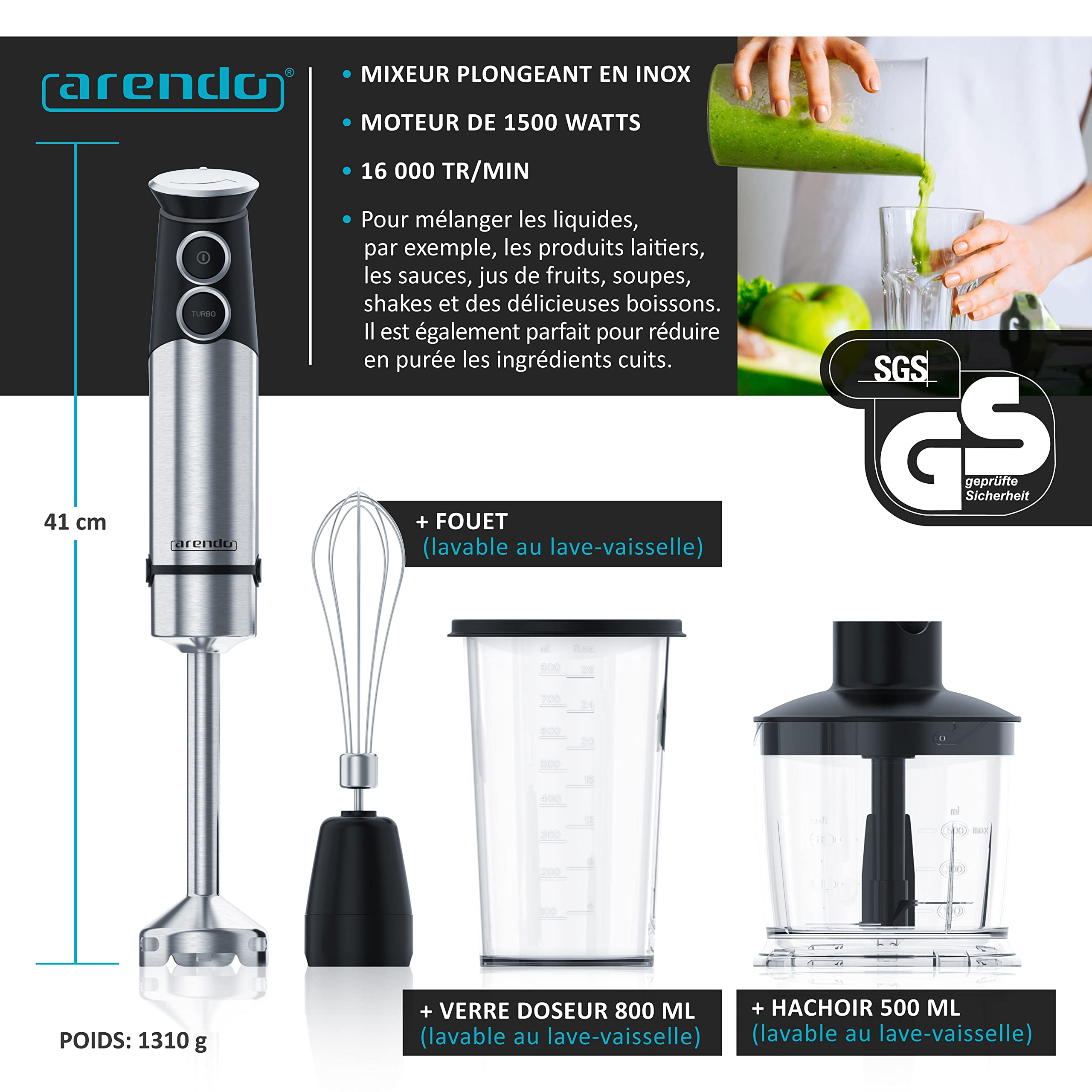 Arendo - Mixeur plongeant 1500 W inox, Mixeur à main, Presse-purée, Batteur manuel, Multi vitesses, Bouton turbo, Couteau à 4 lames, Verre doseur 800 ml, Hachoir 500 ml, Fouet, Pied de mixeur amovible