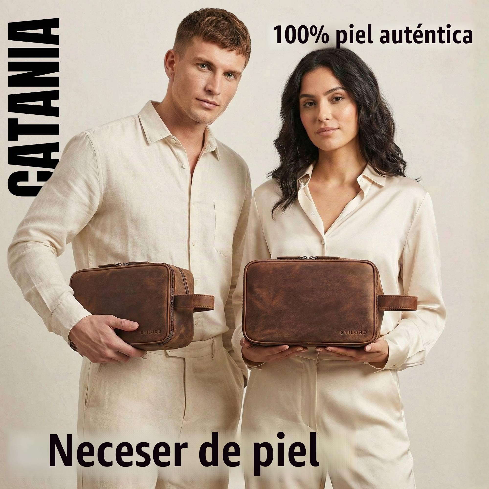 STILORD 'Catania' Neceser Grande de Cuero Hombre y Mujer Bolsa de Aseo Caja de Maquillaje Piel Bolsa Cosmeticos Estuche Necessaires Bolso Viaje Necesere Avion Bolso, Color:Zamora - marrón