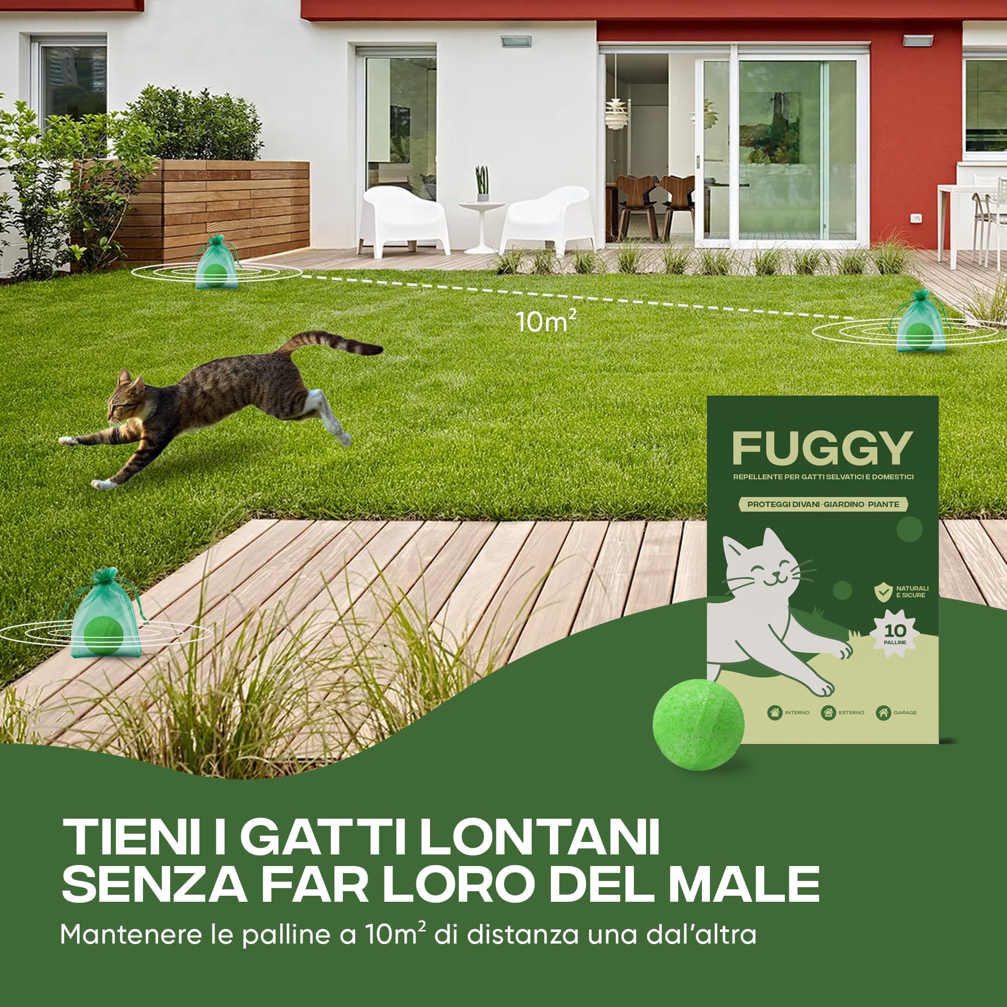 FUGGY - Repellente per Gatti Divano Naturale – Dissuasore e Disabituante Gatti per Interno ed Esterno – 12 Palline + 5 Buste – Anti Gatto Divano e Giardino