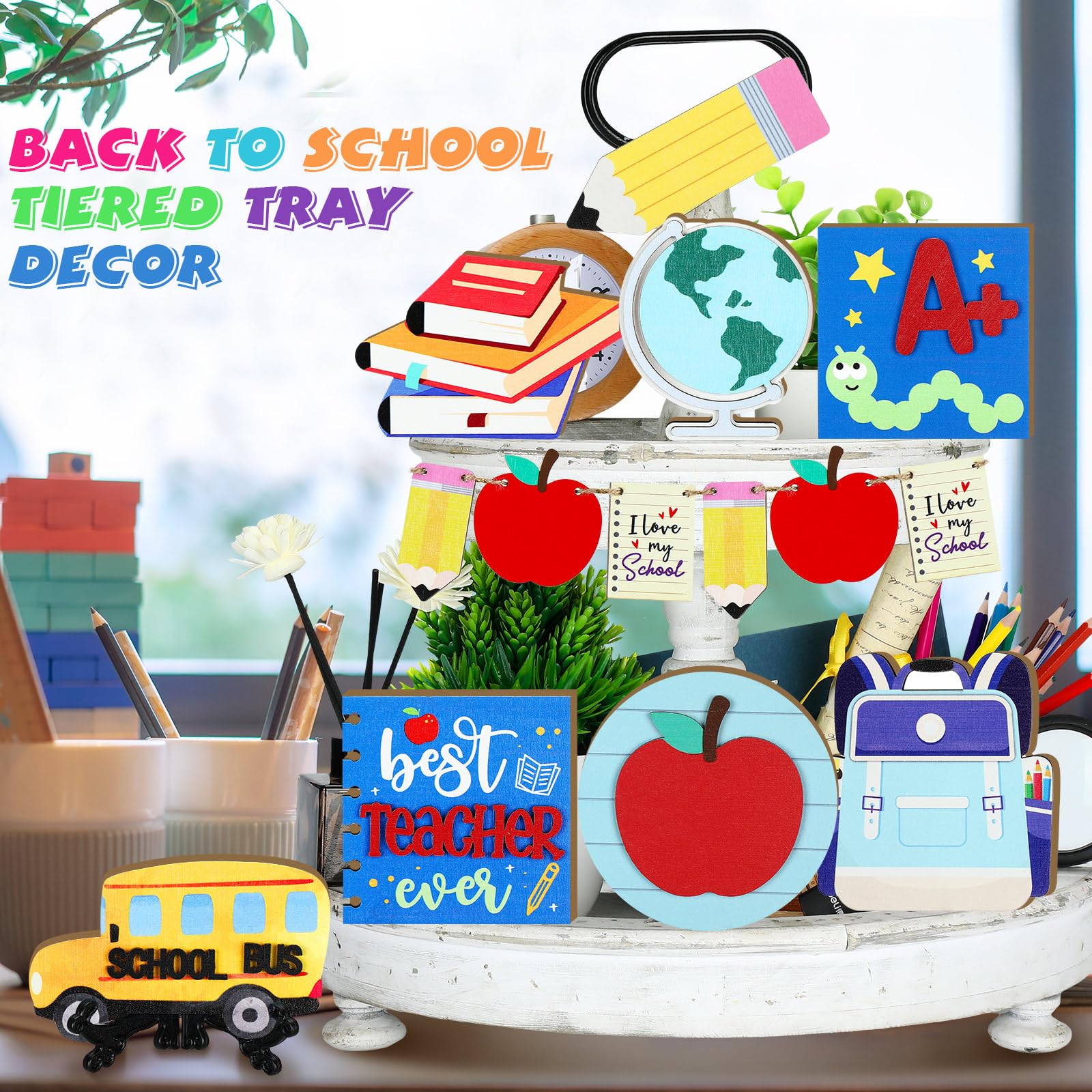 20 Pcs Back to School Tiered Tray Decor Wood Signs Decorative Trays Items Back to School Table Centerpiece Farmhouse Rustic Table Decor Wooden Tiered Tray Set for School Home Classroom Desk