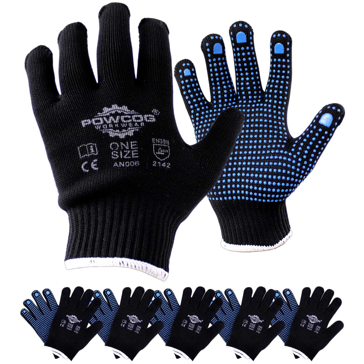 POWCOG Grip Gloves, Seamless Lightweight Black Washable 10-Gauge Nylon with Blue PVC Gripper Dots for Gardening, Work, Warehouse, Shelf Filling, One Size Fits All