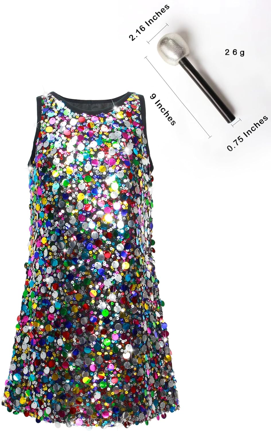 Girls Sequin Dress Sparkly Sleeveless Costume Prom Concert Party Outfit with Glitter Microphone Prop