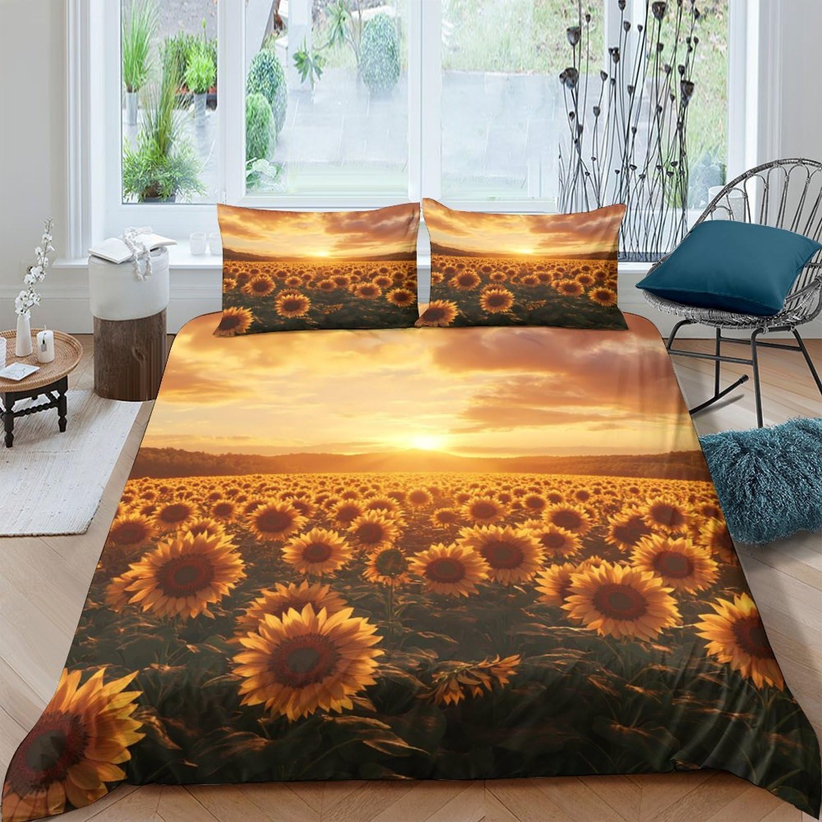XFKLYNVCJ 3D Printed Sunflower field Duvet Cover Microfiber Golden sunset landscape Bedding Cover Lightweight Hypoallergenic Shrink Resistant Quick Drying for Home Daily Use Single（140x200cm）