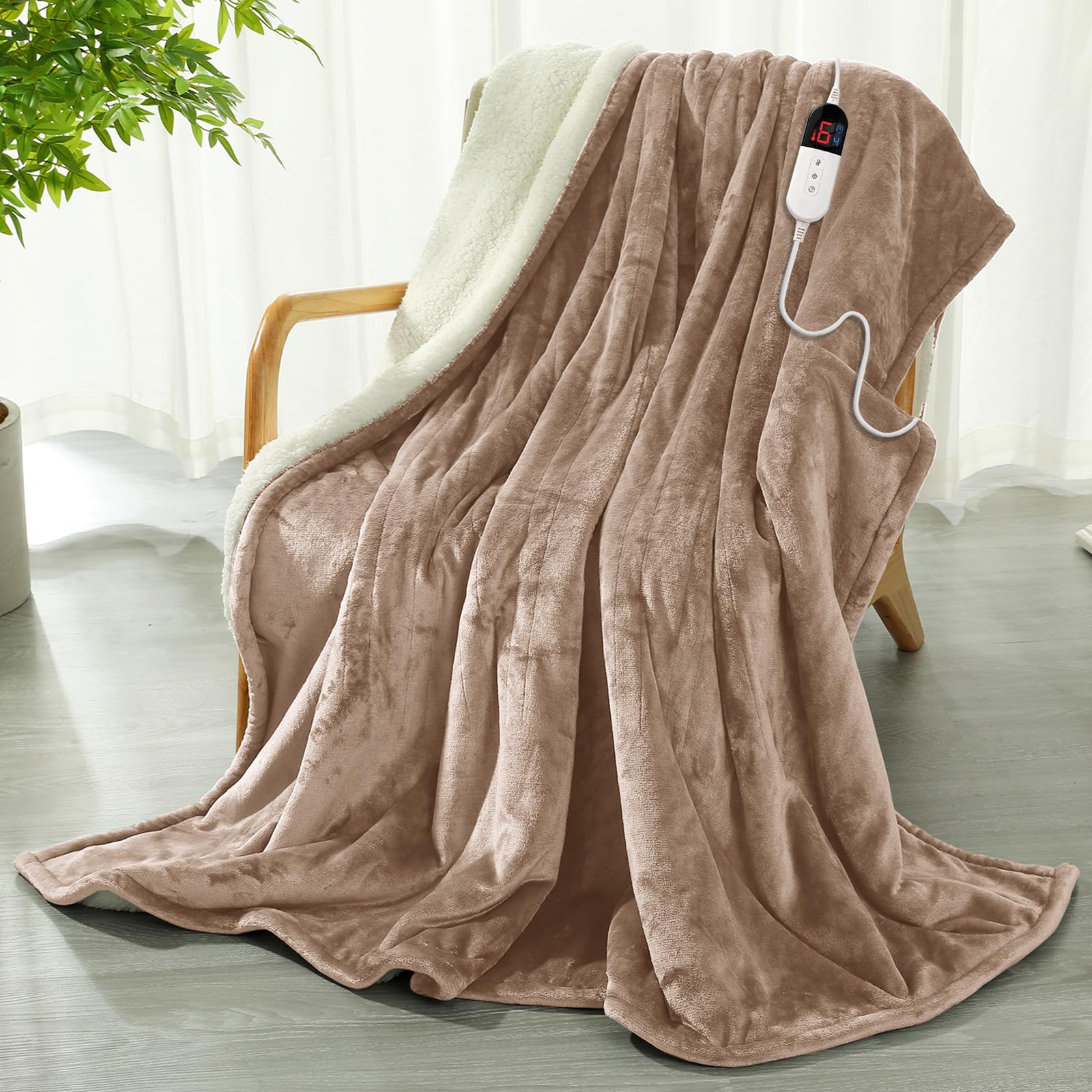 COZYTY Heated Blanket 130 x 180 cm – Flannel Electric Blanket 6 Heat Settings & 10-Hour Auto-Off Timer, Overheat Protection, Machine Washable, Beige