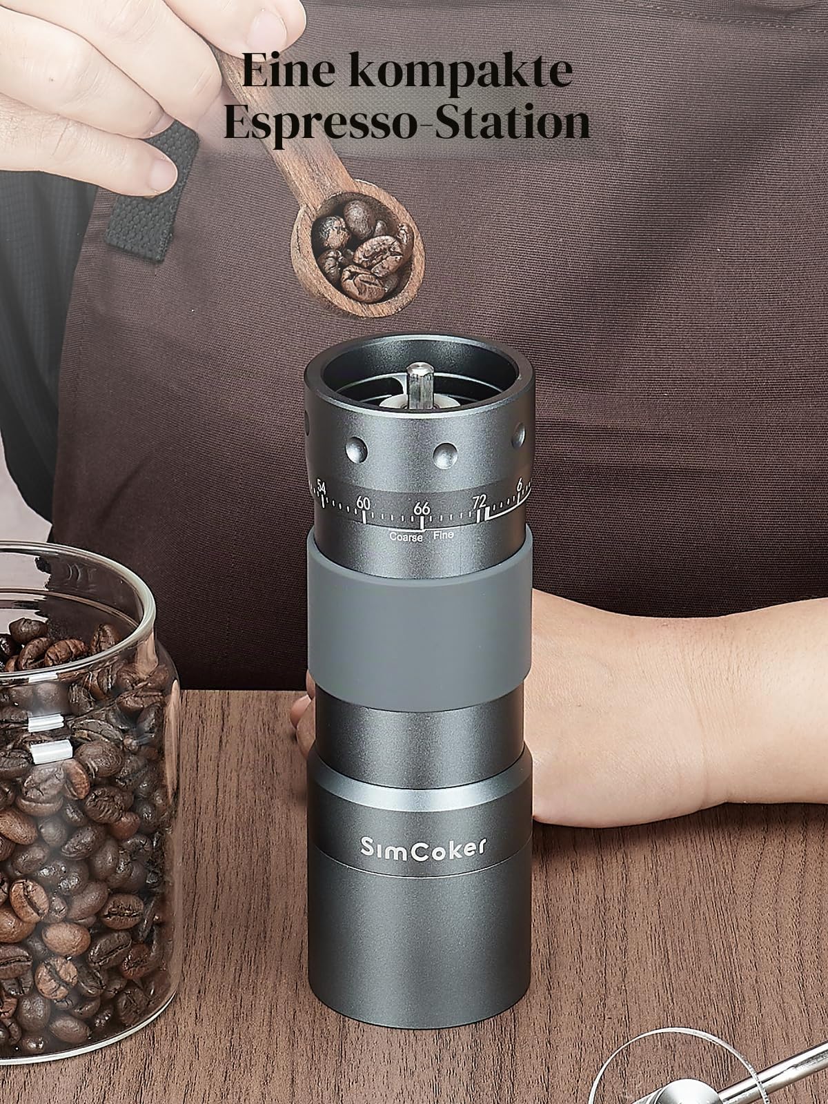 Manuelle Kaffeemühle mit 16μm externer Mahlgradeinstellung, Präzisionsmühle für Espresso & Pour Over, CNC Edelstahl-Kegelmahlwerk, Aluminiumgehäuse, Bohrmaschinen-kompatibel, Grau
