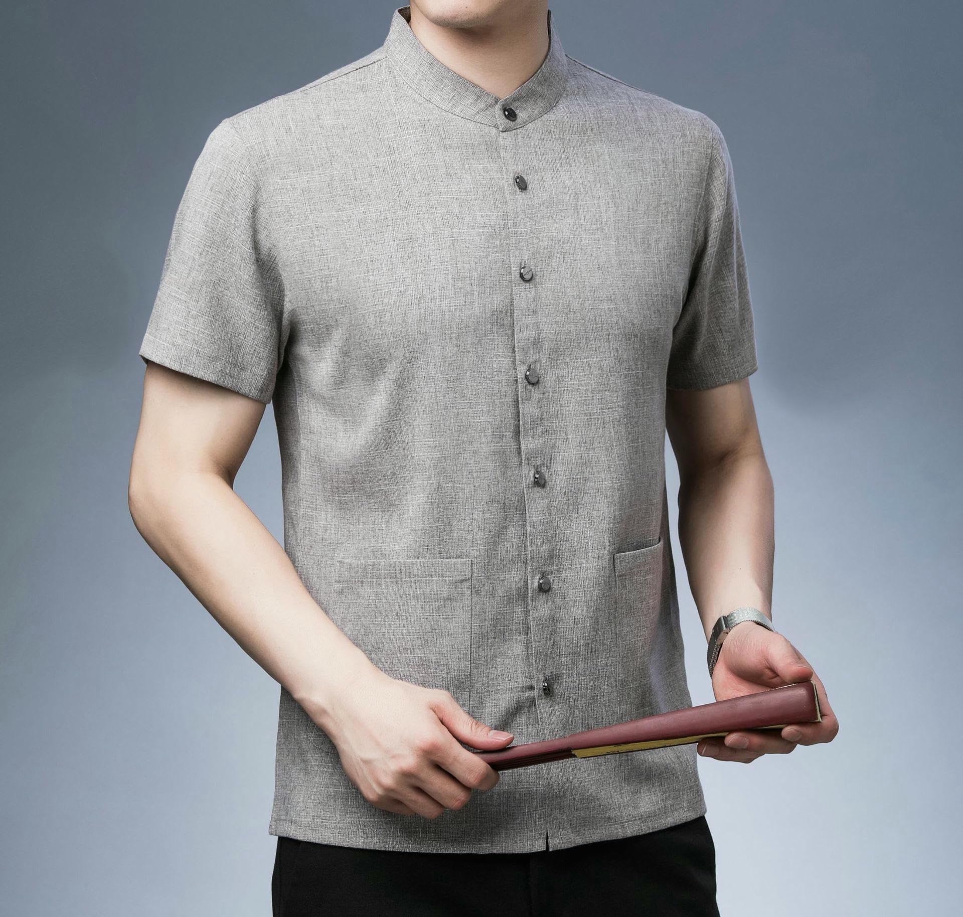 Camicia da uomo estiva in lino casual per tutti i giorni con tasca grande colletto alla coreana