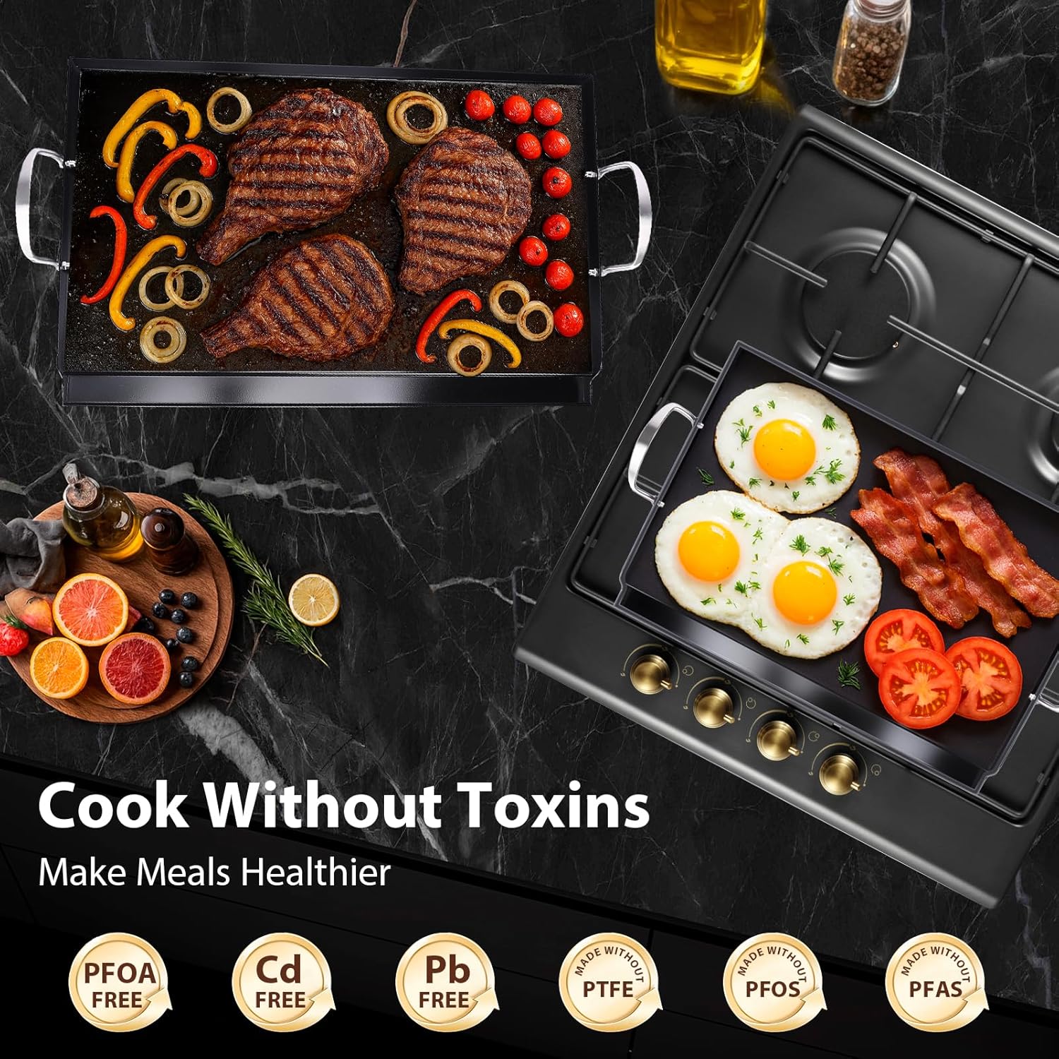 Utheer 25" x 16" Ceramic Nonstick Stainless Steel Griddle for Gas Grill, Charcoal, Large Stove Top Griddle, Non-Toxic, PFAS/PFOA/PTFE Free, Oven Up to 500°F, for BBQ, Camping & Kitchen, Black