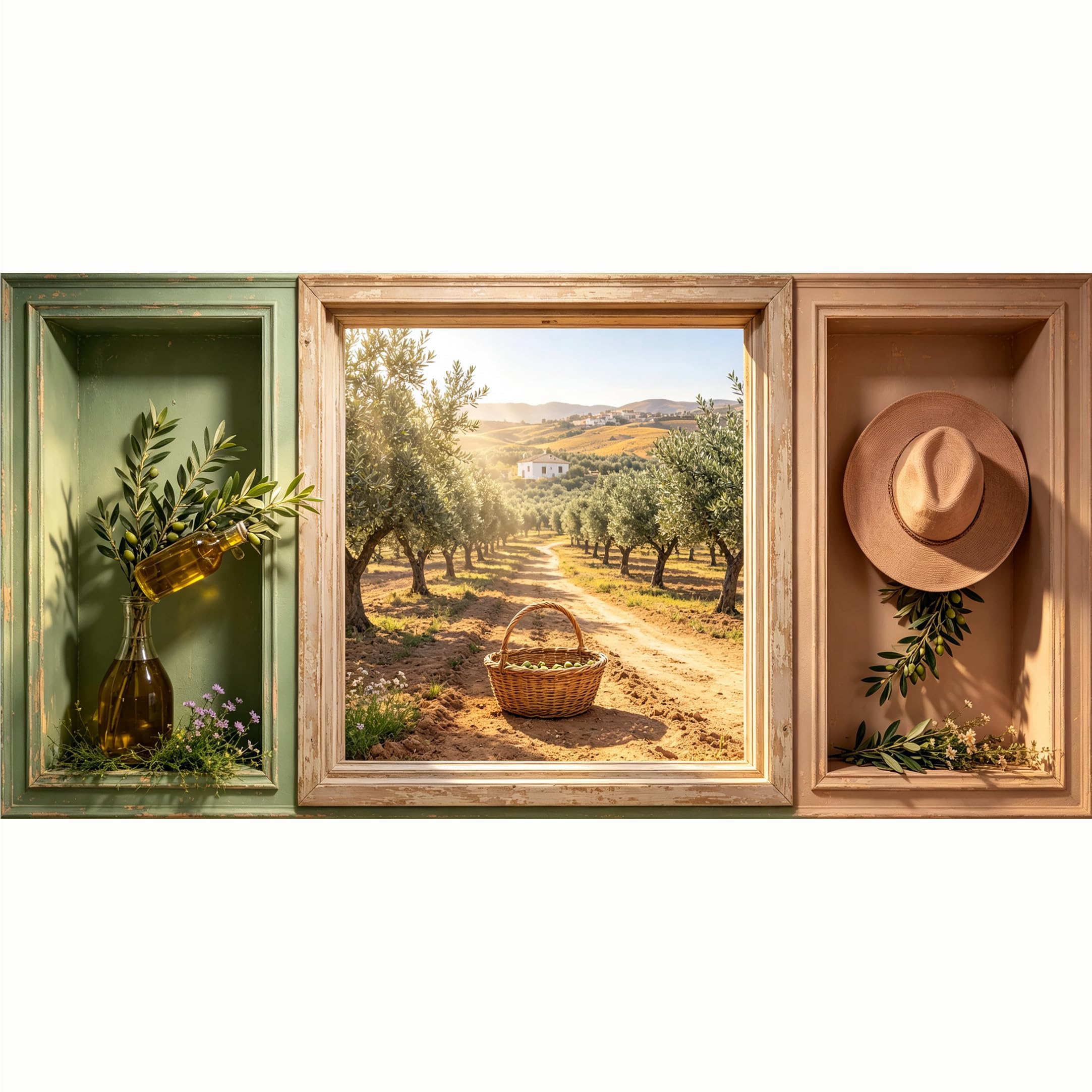 QZLITHOTIC 50x100cm 3D Framed Wall Art， Tuscan Olive Grove Landscape Farmhouse SelfAdhesive Mural， Water‑Activated Peel & Stick Fabric Decor Wall Decal for Bedroom Living Room
