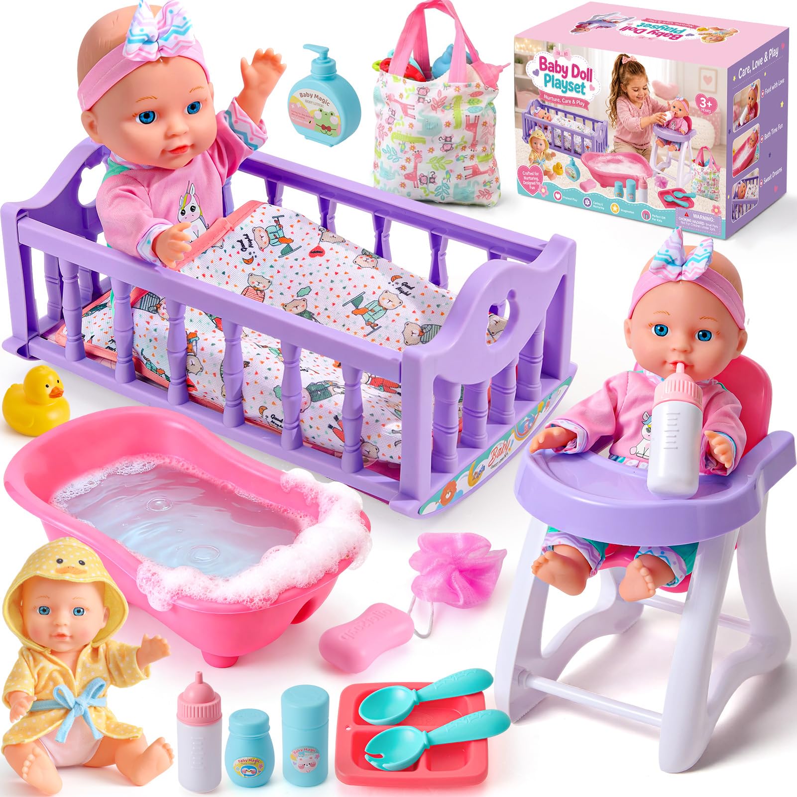 Baby Doll Accessories Set with Cot Bath High Chair, 12" Dolls for Girls