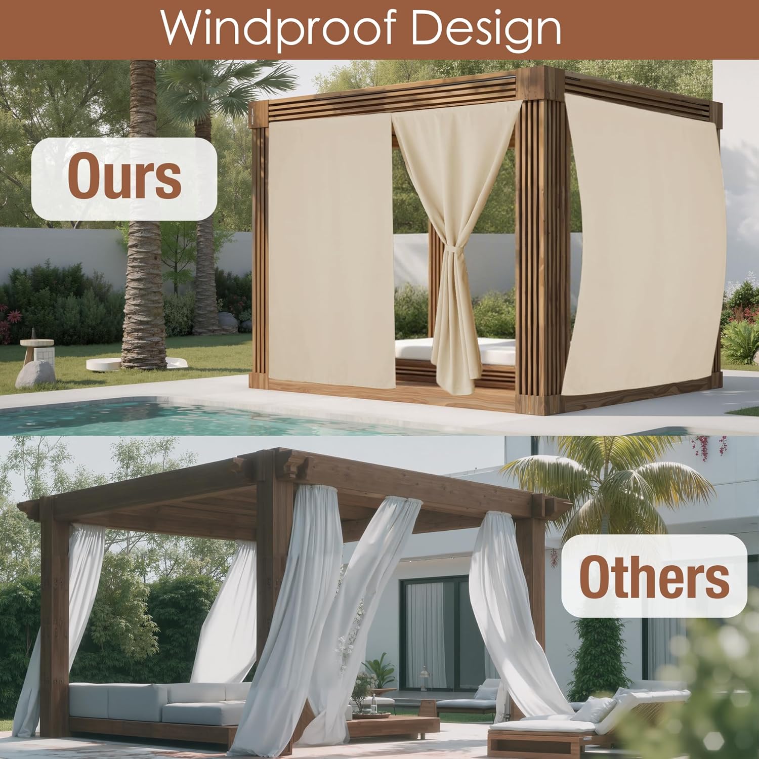 RYB HOME No-Rod Windproof Outdoor Curtains for Patio Waterproof with Adhesive Tape & Back Tab Bottom, Sun Blocking Privacy Curtains for Gazebo Porch Pergola, Biscotti Beige, W 52 x L 84, 2 Panels - Image 3