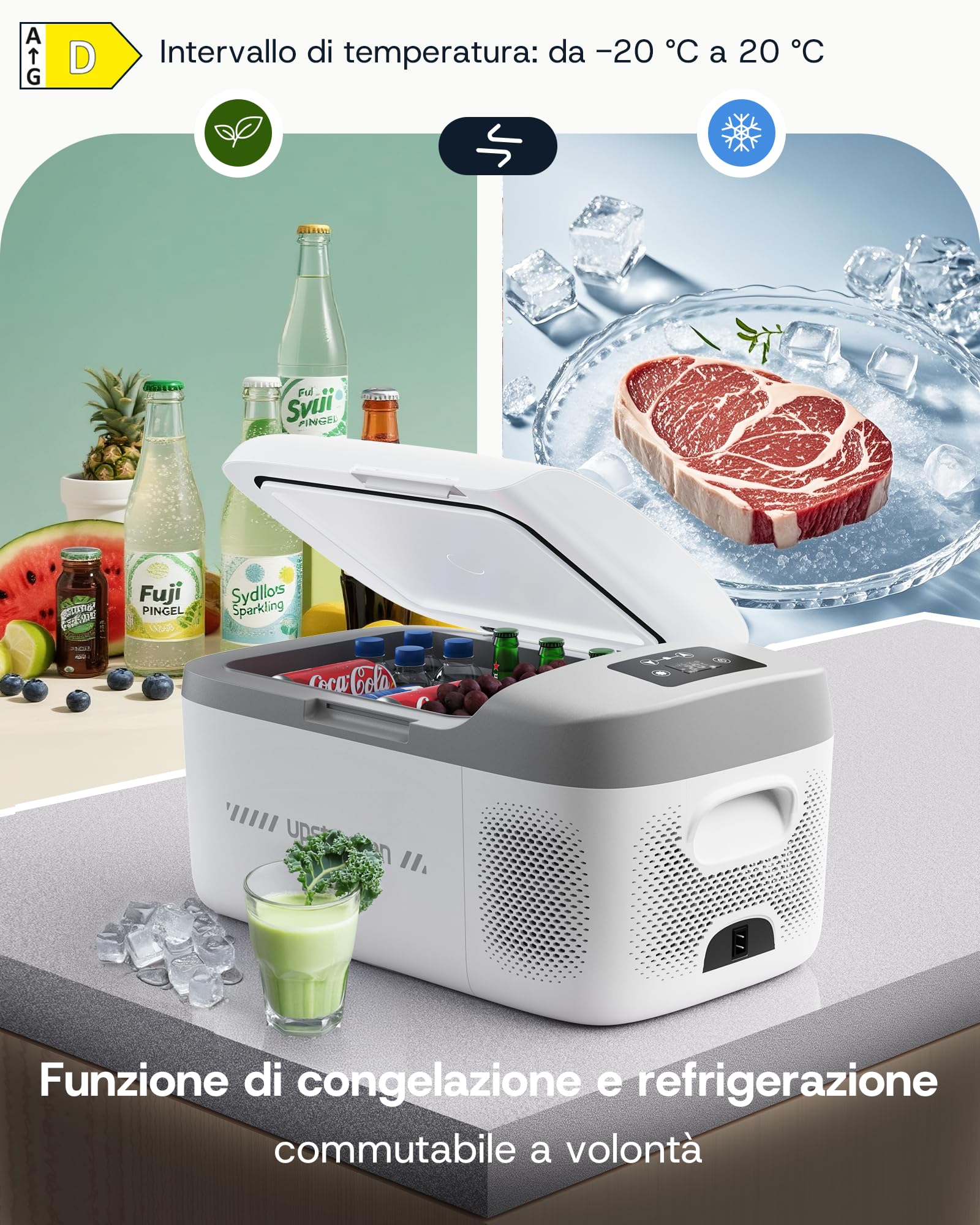 Upstreman Frigorifero Portatile Elettrico Compatto 15Lmprefrigerazione/congelamento - Compressore Potente, Silenzioso 39dB e Adattatori 12V/240V Inclusi per Auto e Casa, Bianco-AR18