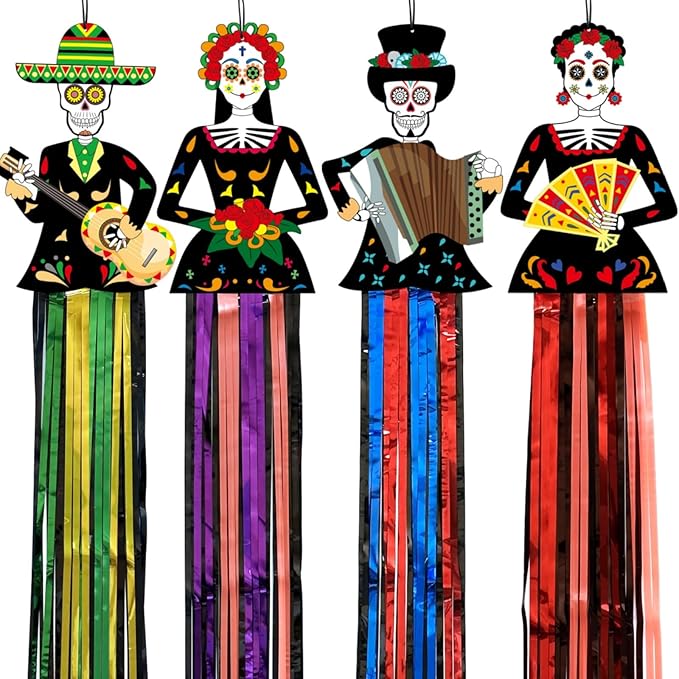 4 Pieces Large Day of The Dead Decorations, 3.7ft Dia De Los Muertos Decorations Hanging Sugar Skull Decor with Metallic Foil Fringe for Mexican Fiesta Halloween Day of The Dead Altar Indoor & Outdoor