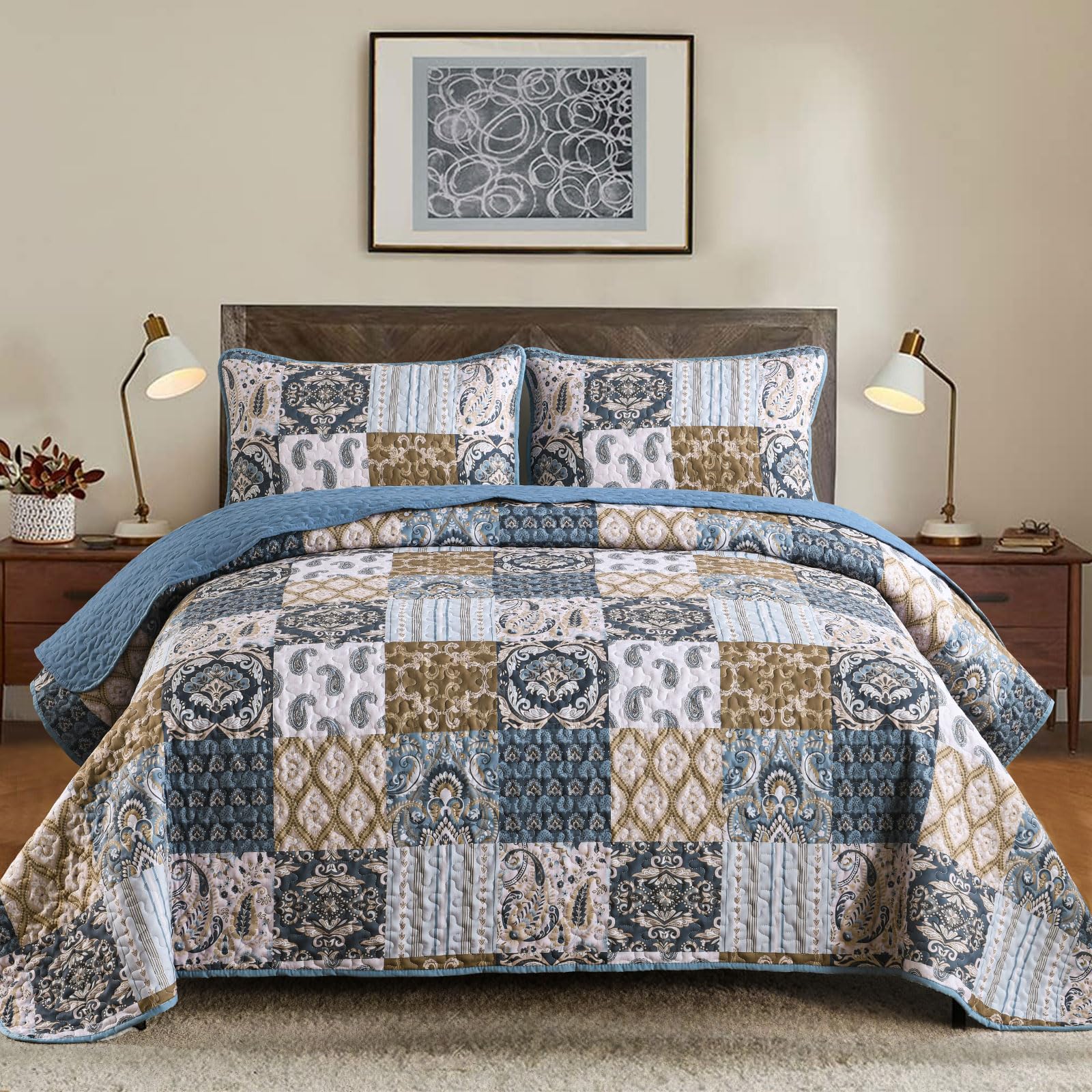 WONGS BEDDING Boho Quilt Set King Size, Blue Patchwork Plaid Bedspread Bedding Sets Paisley Soft Microfiber Quilts for King Bed 3 Pieces Coverlet Set for All Season (104"x90")