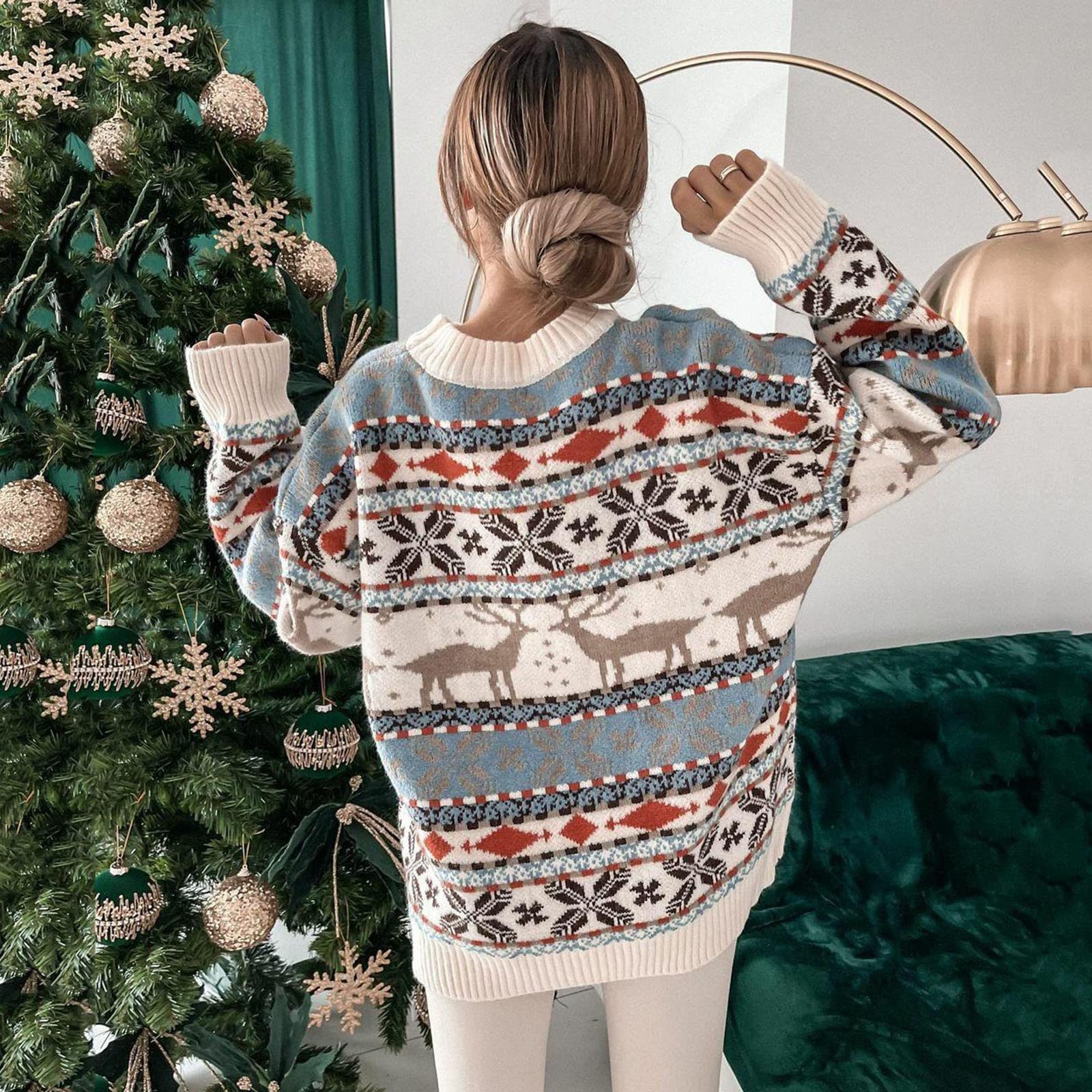 Weihnachtspullover Damen Winter Warm Christmas Sweater mit Rentier Muster Lustig Weihnachten Strickpullover Rundhals Langarm Pullover Ugly Casual Weihnachtspulli