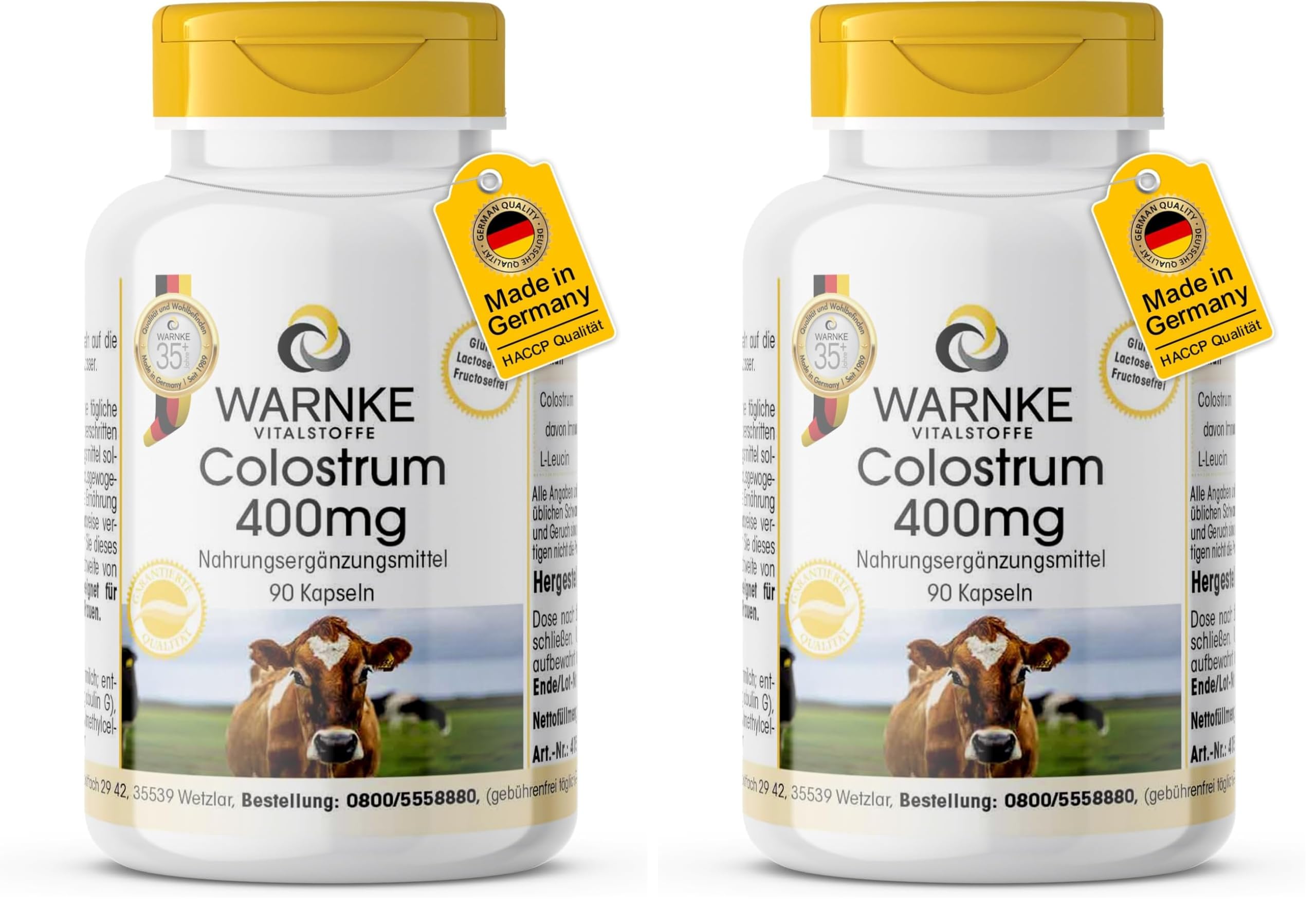 Colostrum Kapseln 400mg - 90 Kapseln - schluckfreundlich - Aminosäuren und Immunglobuline | Warnke Vitalstoffe - Deutsche Apothekenqualität (Packung mit 2)
