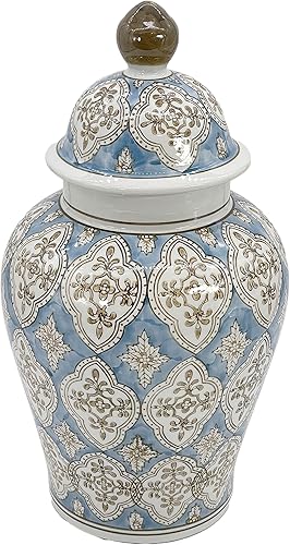 Miniatura 2 de Galt International Tarro de jengibre de cerámica de mosaico pintado a mano azul claro y marrón de 18 pulgadas con tapa, porcelana chinoiserie
