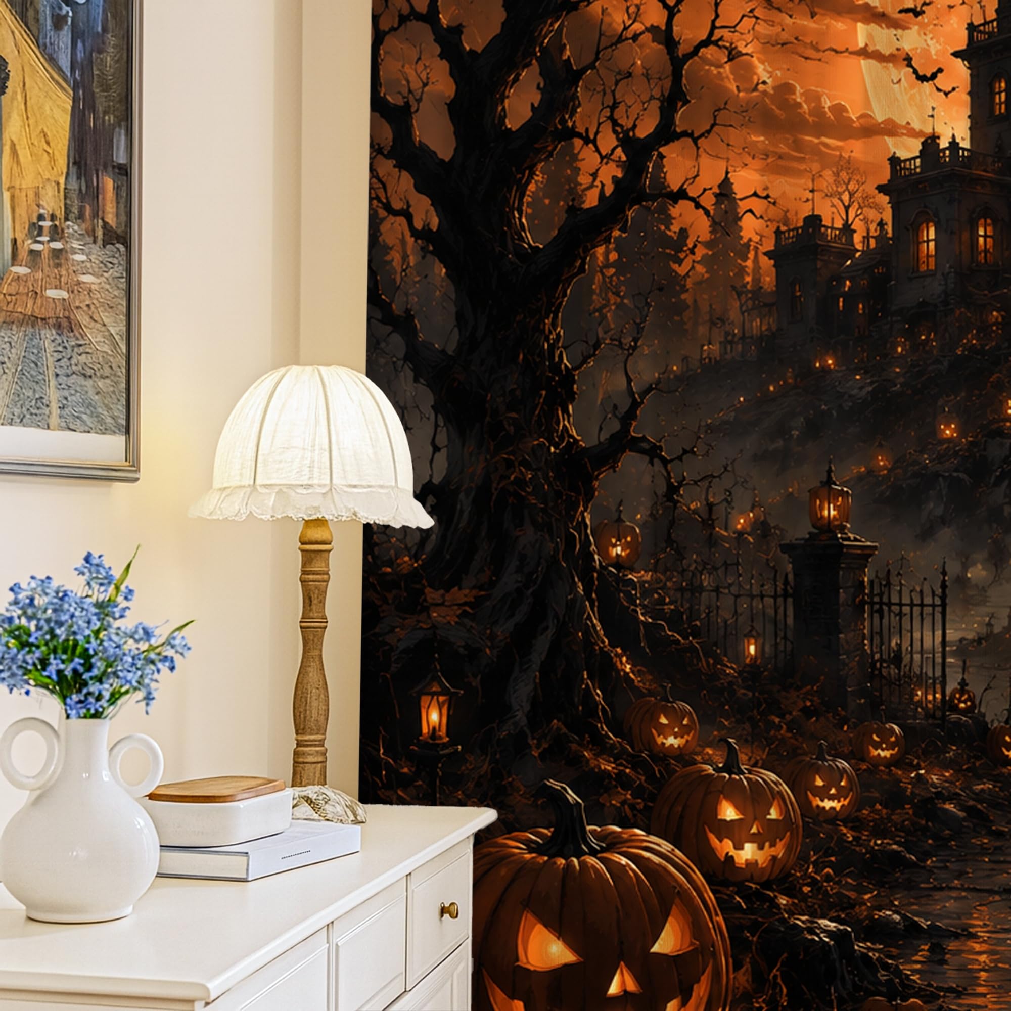 Rideau occultant plissé salon motif citrouilles et chauves-souris Halloween