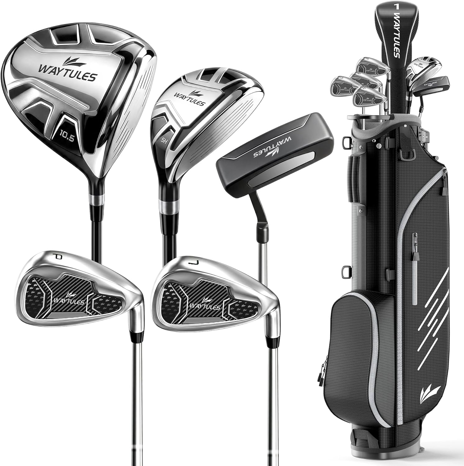 6-8-Piece Complete Golf Club Set for Men & Women – Adult Golf Clubs with Stand Bag, Driver, Hybrid, 5/7/9/P Irons & Putter, Right Handed