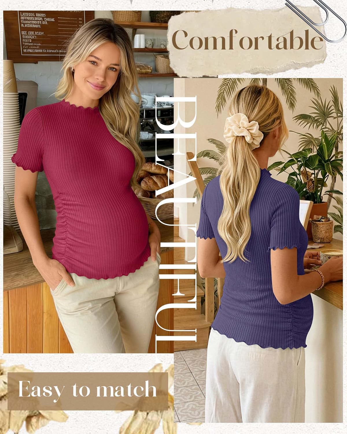 4 Pack Women's Maternity Shirt Short Sleeve Ribbed Knit Tunic Tops Crew Neck Pregnancy Side Ruched Casual Clothes(Wine Red, Navy Blue, Light Gray, Black,XXL)