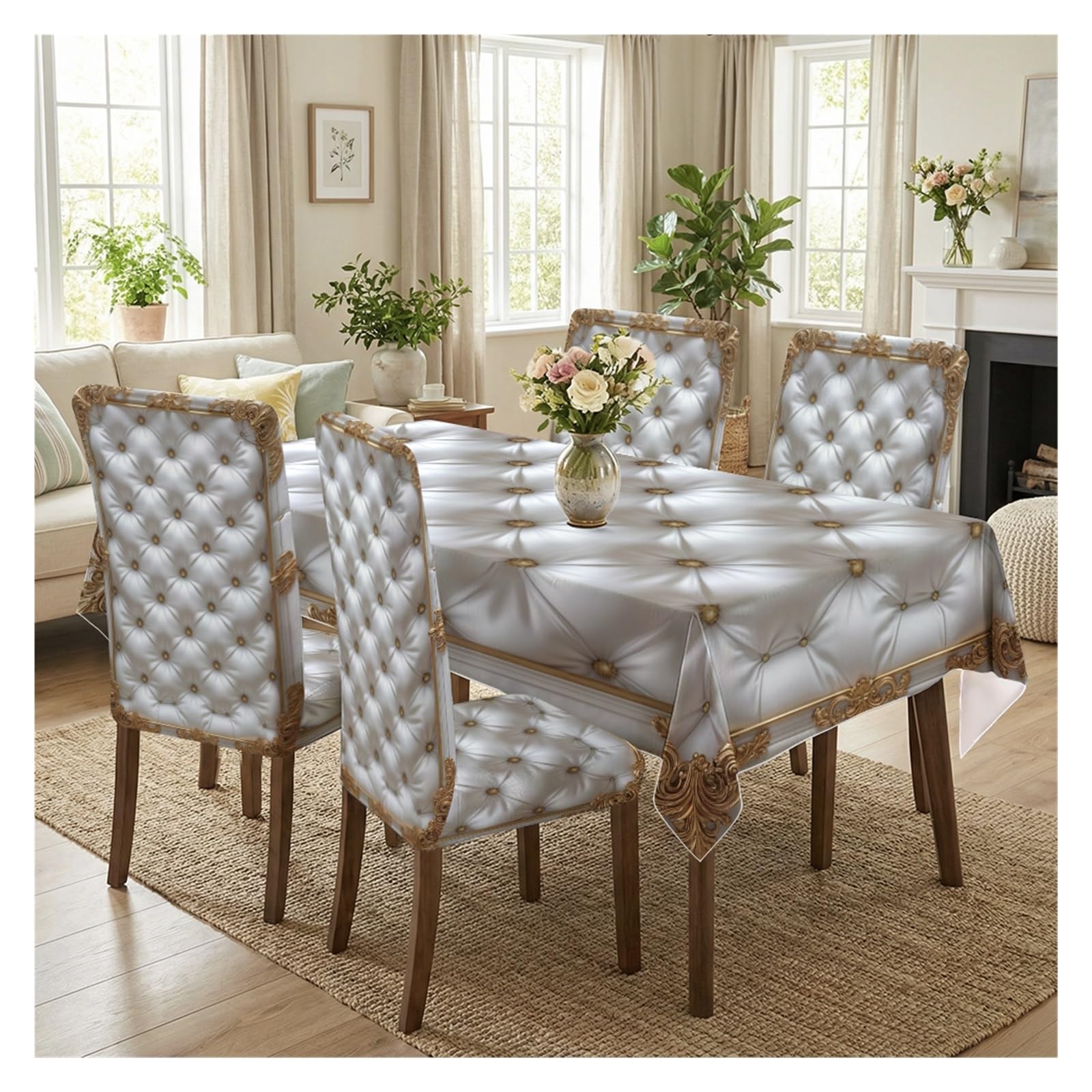 KXUAUV White Gold Ornate Print Stretch Dining Chair Covers Tablecloth Set, For Kitchen Dining Living Room Luxury Decor, 5/7 Pack Party Decor(5pcs Set: Tablecloth+Chair Covers)