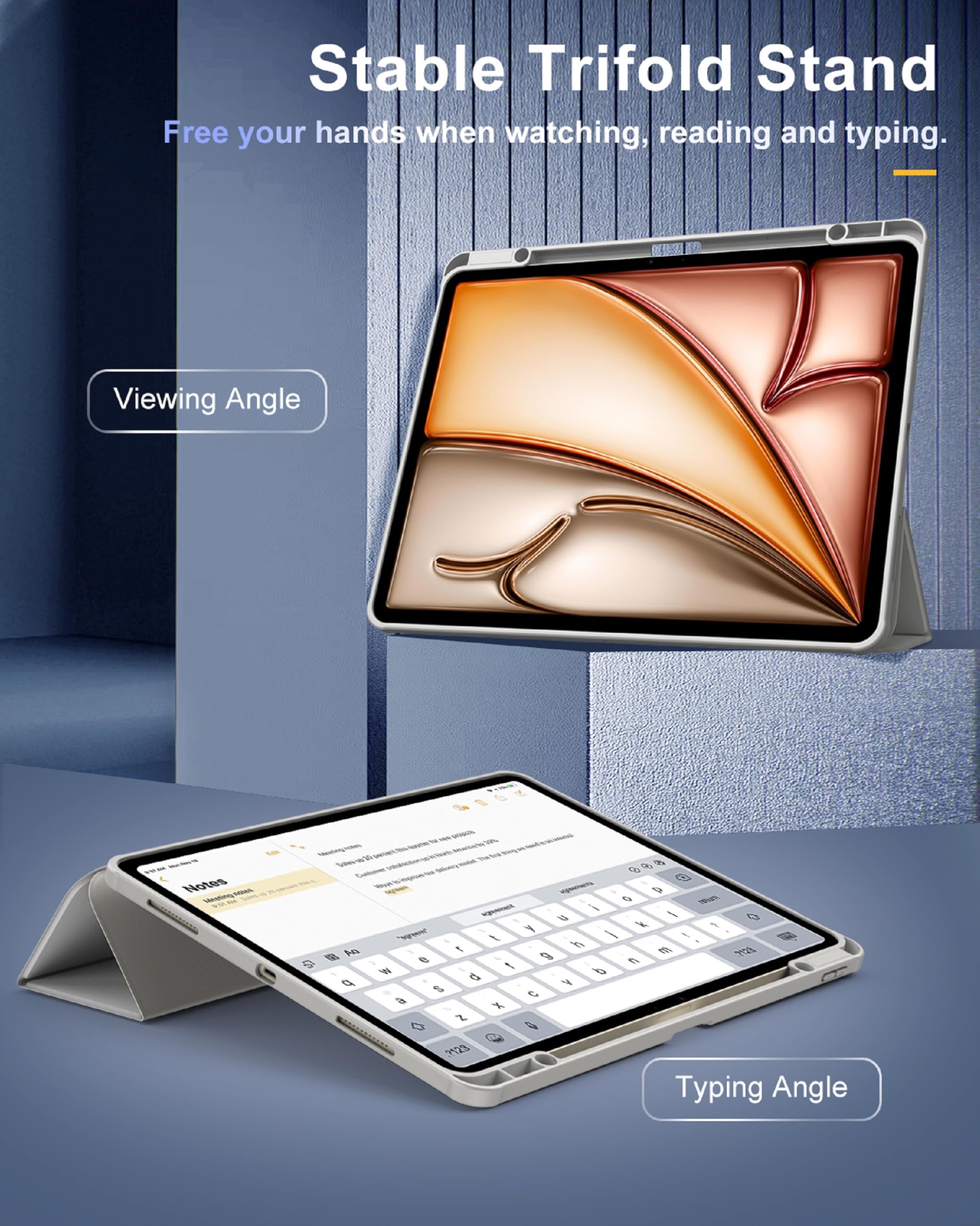 TiMOVO Etui do iPad Air 13 cali M4/M3/M2 z uchwytem na rysik, Light Gray | Smukłe etui ochronne ze składaną podstawką, przezroczysty tył i automatyczne usypianie/wybudzanie