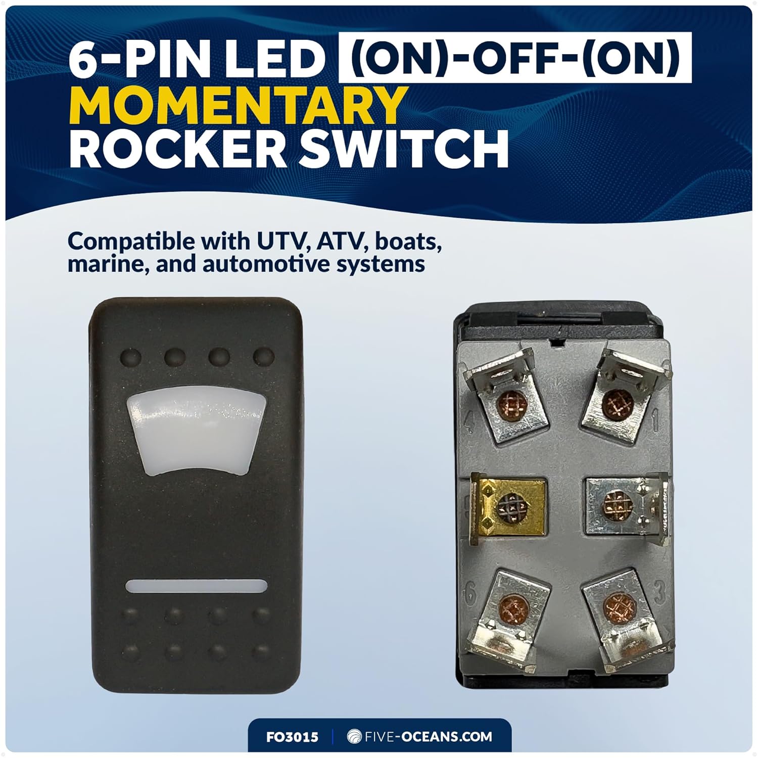 Five Oceans 6-Pin LED (On)-Off-(On) Momentary Rocker Switch, 25A/12V DC - 15A/24V DC, SPST, IP66 Waterproof, UTV, ATV, Marine, and Boat - FO3015