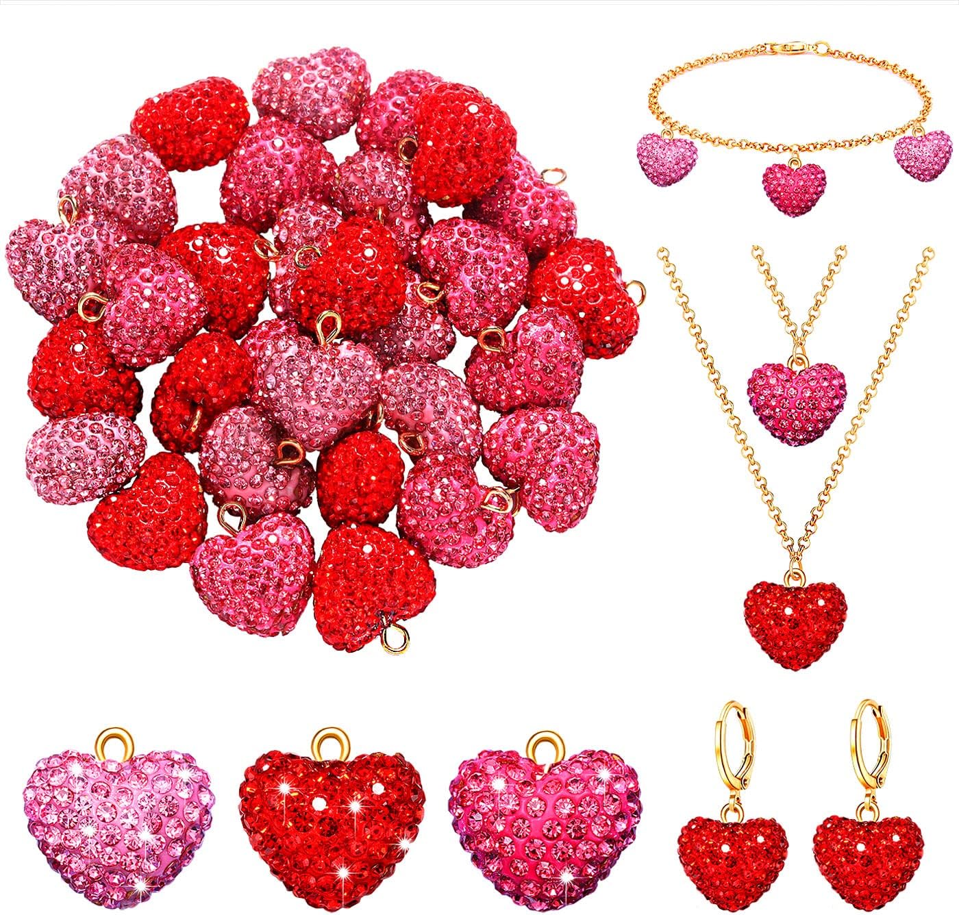 15/30PCS Valentine’s Day Heart Charms for Jewelry Making Red Pink Rhinestone Heart Charms Pendants for DIY Valentine’s Necklace Bracelet Earrings Holiday Gifts