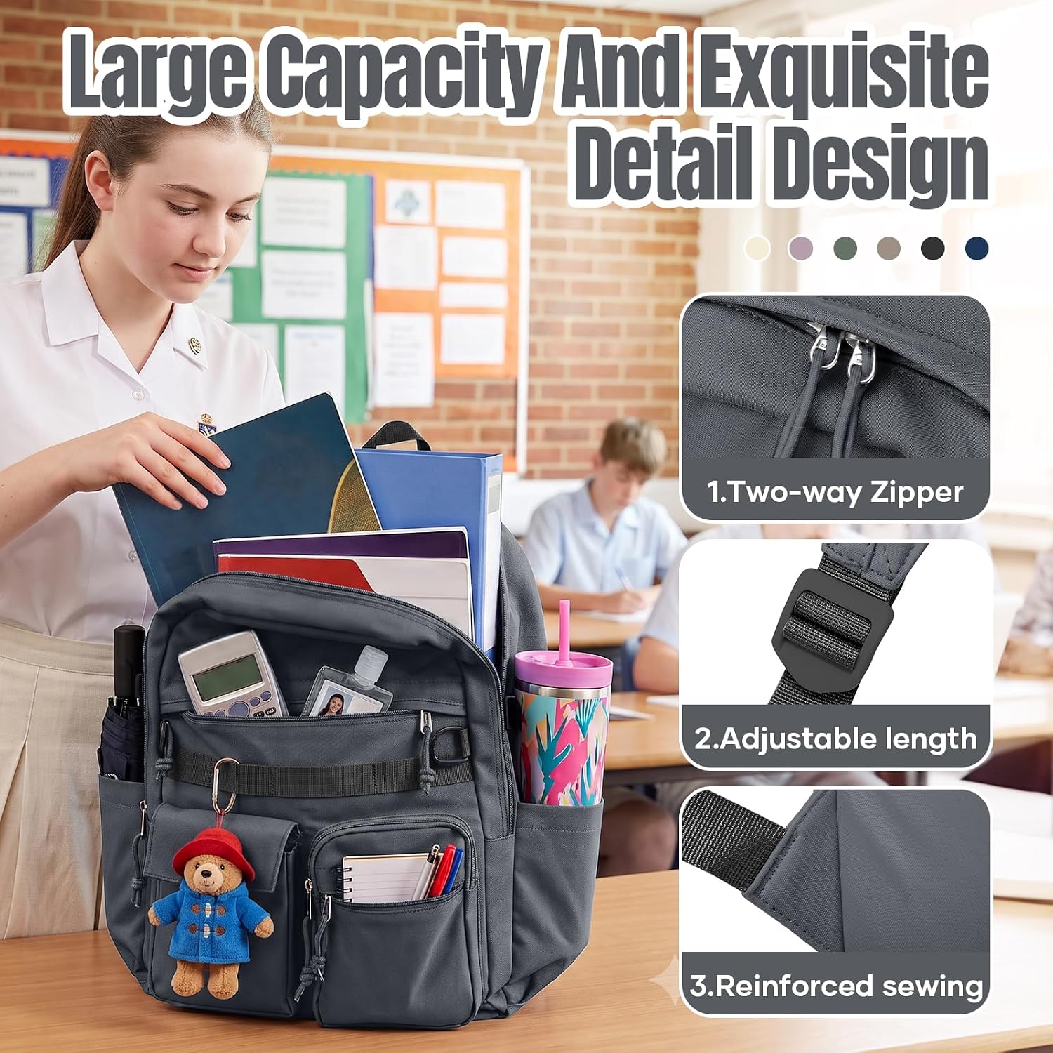 Large Capacity Laptop Backpack 30L Casual Back Pack with Multiple Pockets, Fits 15.6" Laptop, Lightweight Personal Carry On Bag Water Resistant Daypack for Women, Men, Nurse, Teacher, Grey image 3