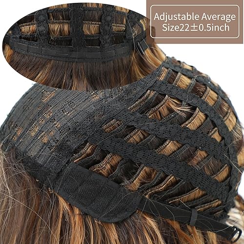 Miniatura 7 de RENERSHOW Pelucas onduladas cortas con reflejos marrones para mujeres blancas, peluca rizada con mezcla de rubio, peluca sintética de repuesto para