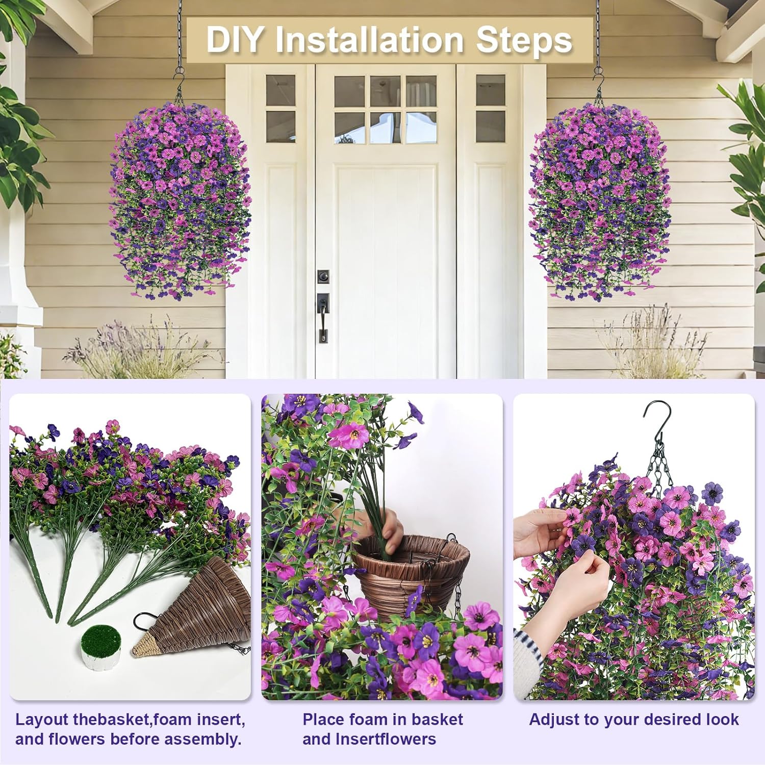 Artificial Hanging Flowers with Basket for Outdoor, 4pcs UV Resistant Silk Fake Daisy Flowers, Faux Flower Plants Hanging Basket for Spring Garden Porch Patio Yard Decorations (Purple-Lotus)