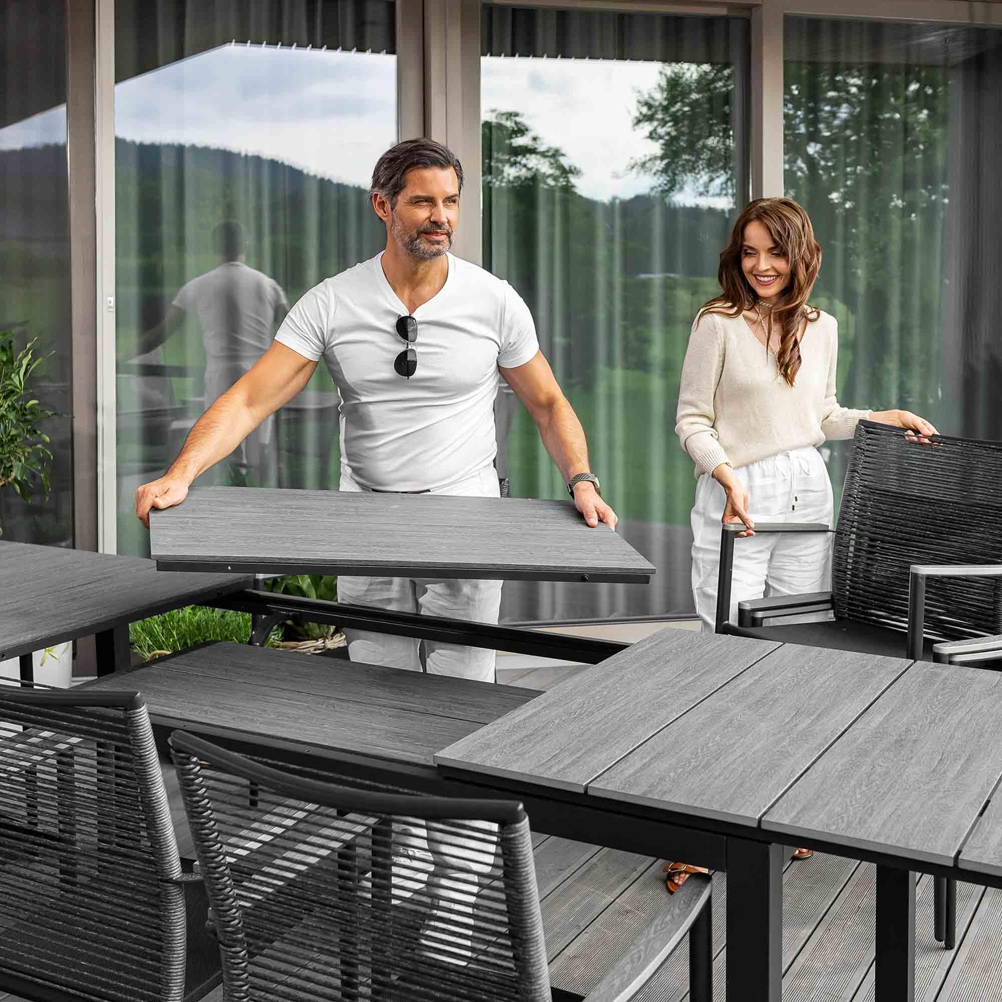 di volio Gartentisch ausziehbar 200-300 cm Aluminium für 12 Gäste Barleta | Kunstholzplatte, 2 Nivellierfüße, Klappsystem, 150 kg belastbar, UV-beständig, korrosionsbeständig, pflegeleicht