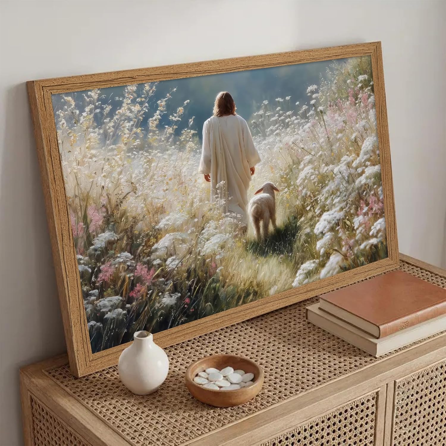 Framed Jesus Leaves the 99 Sheep Canvas Wall Art Lost Lamb Wall Decor Pictures Christian Bible Stories Poster Print Jesus Among the wildflowers Painting for Bedroom Prayer Room Church Home Decoration
