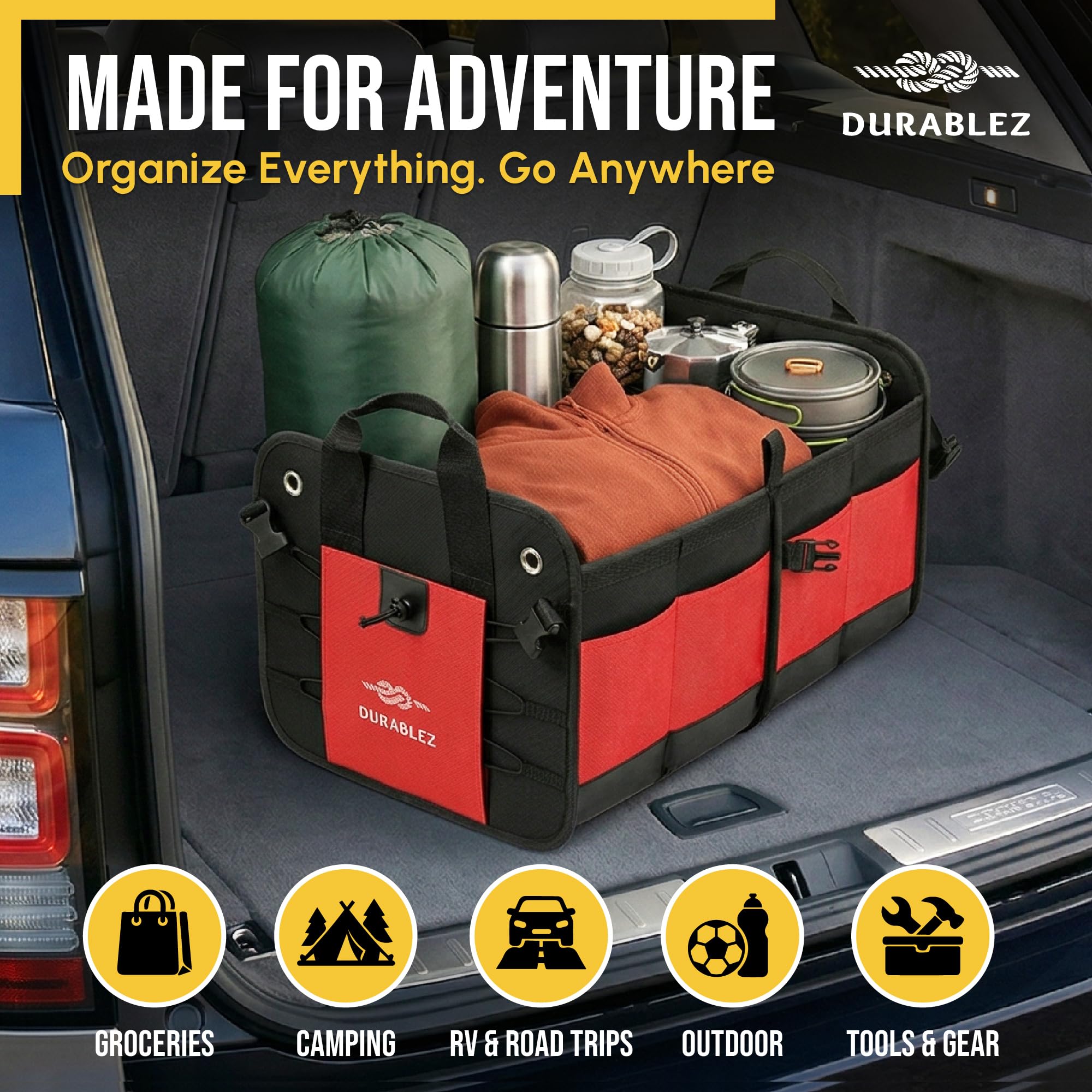 Durabenz Organiseur de coffre avec filet de protection, coussinets antidérapants amovibles et crochets en acier inoxydable, rouge/noir