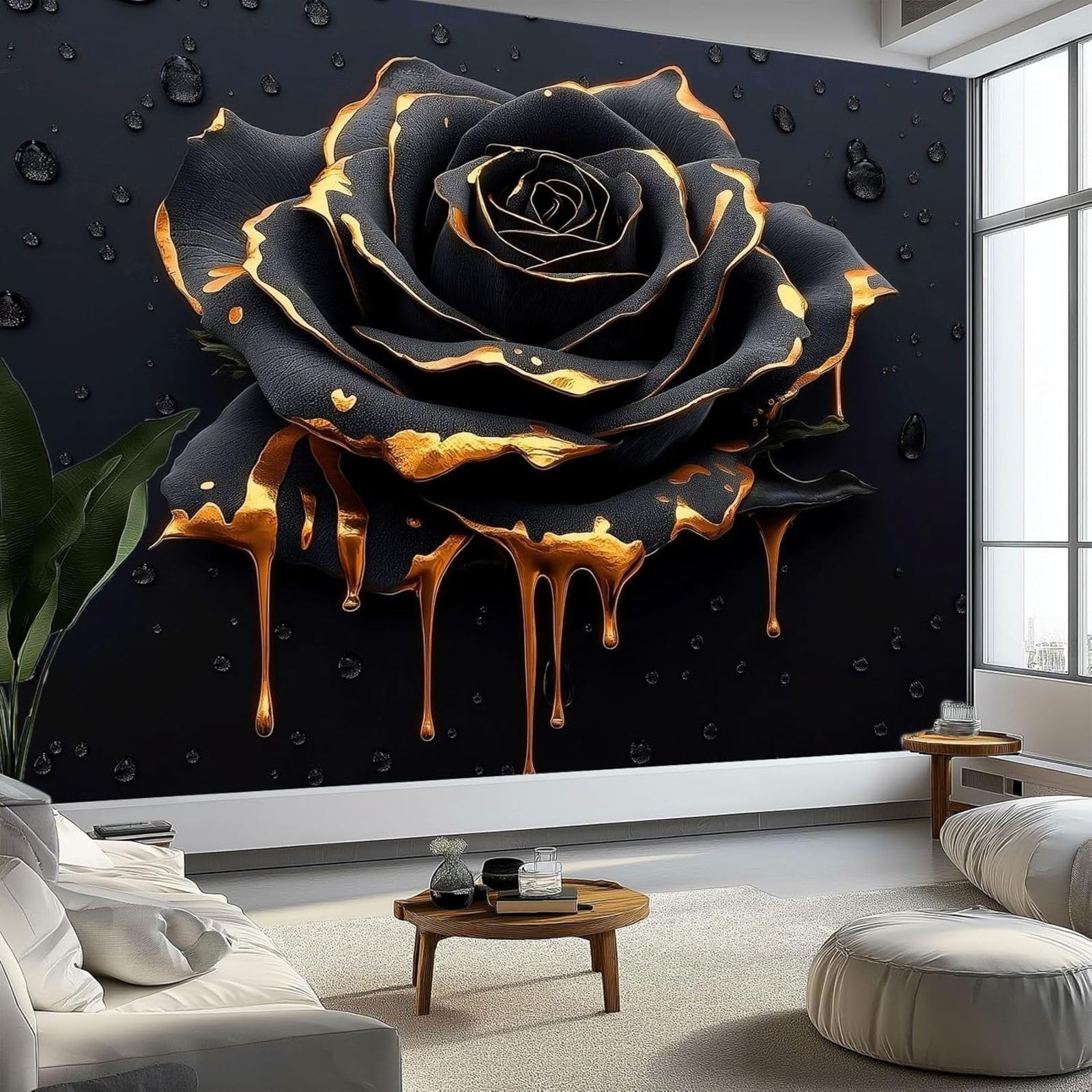 kfjhgbdshhj Surreal 3D Rose Gold Non-Woven Wallpaper for Living Room and Bedroom, UV-Resistant Wall Decoration, Black, 250cm x 175cm