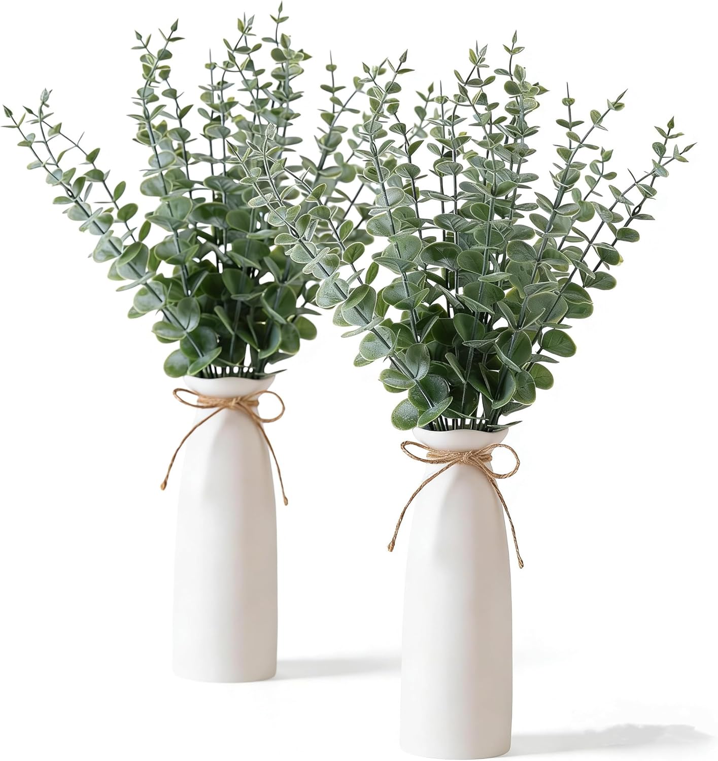 Vase with Greenery,20pcs Artificial Eucalyptus Stems in White Vase 2 Packs, Boho Home Decor Plant, 19" Decorative Fake Plants for Home Farmhouse Mantle Centerpiece Decor