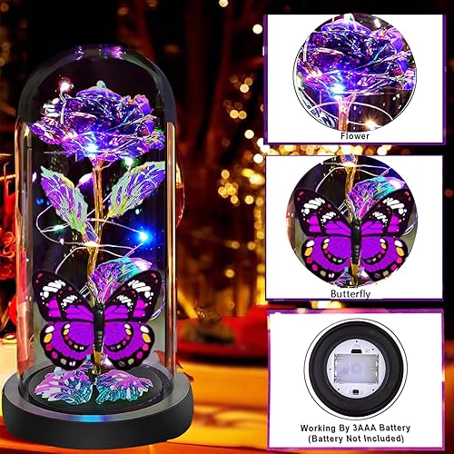 Miniatura 4 de Regalos de flores de cristal de rosa de San Valentín para ella, rosa iluminada de cristal de galaxia en una cúpula de cristal, regalos para el día