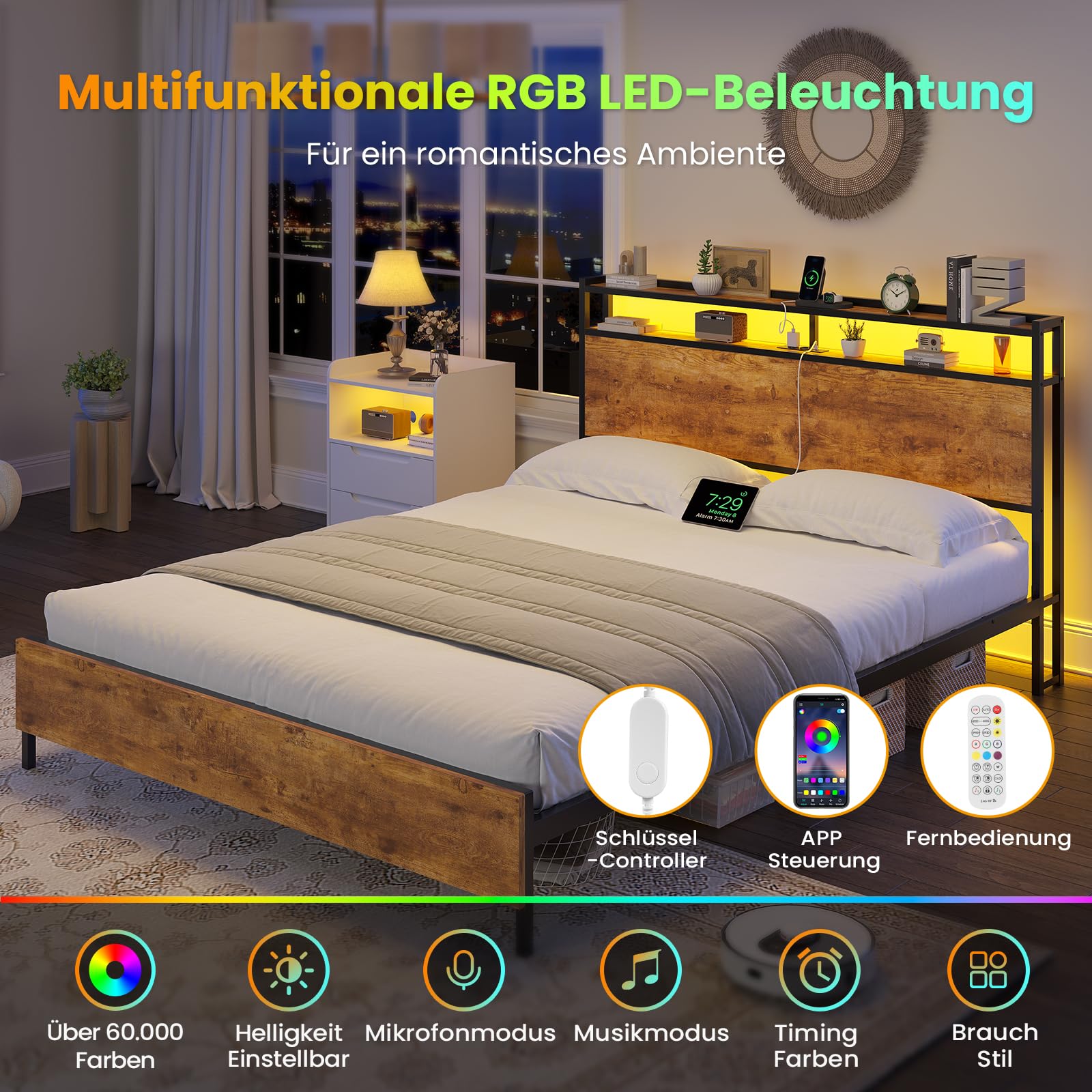 Brinlawb Bett 140x200 mit Lattenrost aus Metall Doppelbett mit LED Beleuchtung und Ladestation (2 AC-Steckdosen 2 USB-Anschlüsse) Bettrahmen, Bettgestell 140x200cm mit Holzkopfteil und Stauraum, Braun
