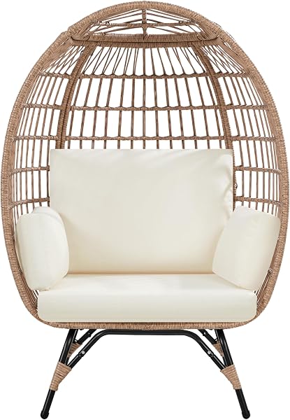Yaheetech Egg Rattan Chair, Oversized Indoor/Outdoor Egg-Shaped PE Basket Lounger with 4 Cushions, Metal Frame Stand for