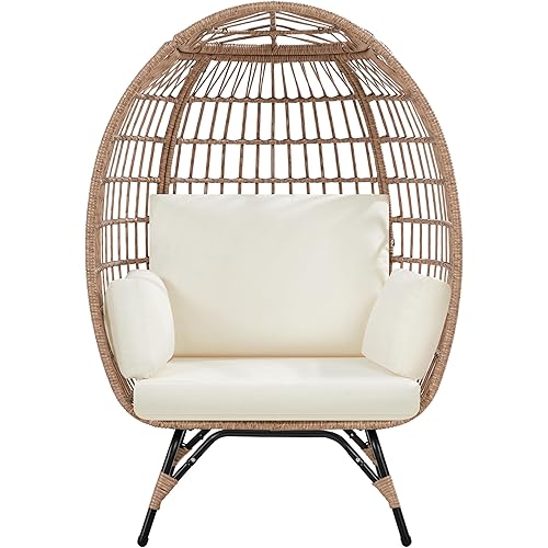 Yaheetech Egg Rattan Chair, Oversized Indoor/Outdoor Egg-Shaped PE Basket Lounger with 4 Cushions, Metal Frame Stand for Patio, Balcony, Backyard, Living Room, Light Brown/Ivory