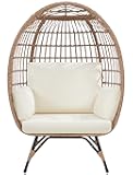 Yaheetech Egg Rattan Chair, Oversized Indoor/Outdoor Egg-Shaped PE Basket Lounger with 4 Cushions, Metal Frame Stand for Patio, Balcony, Backyard, Living Room, Light Brown/Ivory